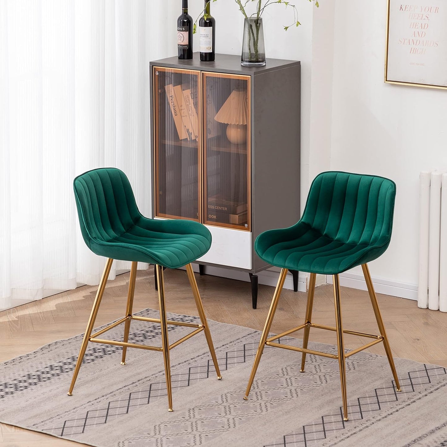 Sidanli Counter Height Bar Stools Set of 2, Modern Velvet Barstools with Back, 24 inch Seat Height Comfortable Island Stools with Gold Legs, Green
