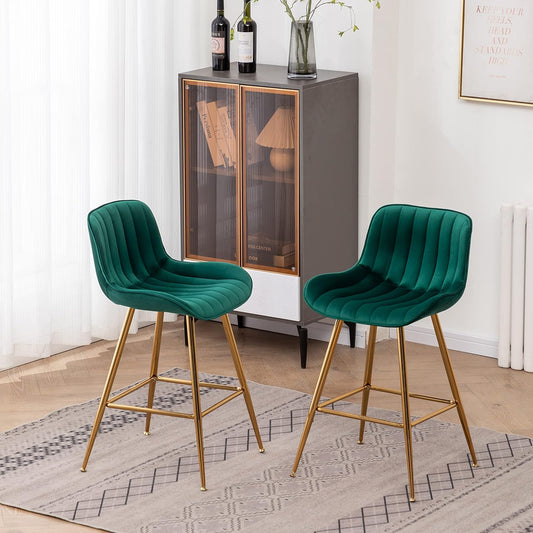 Sidanli Counter Height Bar Stools Set of 2, Modern Velvet Barstools with Back, 24 inch Seat Height Comfortable Island Stools with Gold Legs, Green