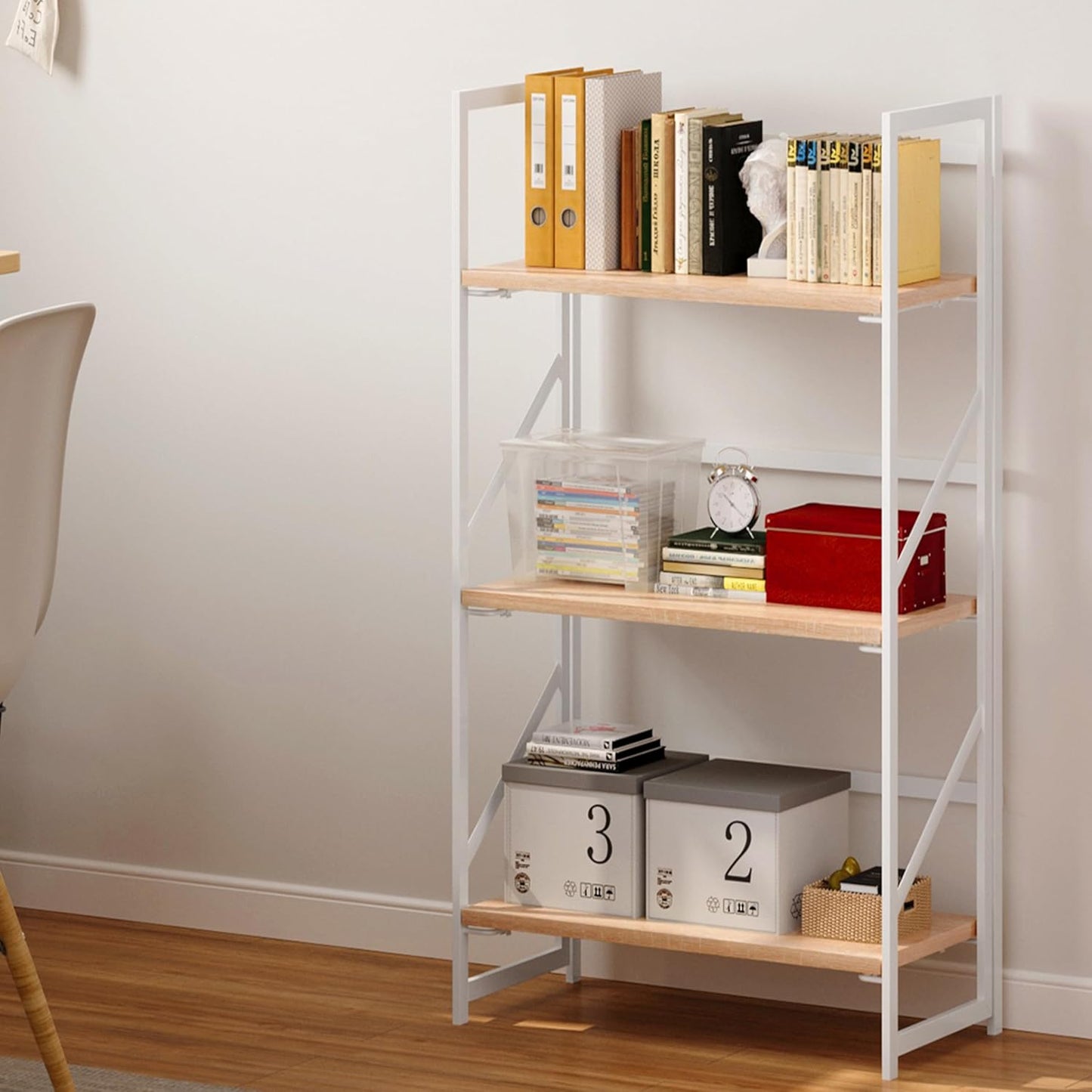 JSB No Assembly Folding Bookshelf, 3 Tier Industrial Metal Book Shelf for Storage, Vintage Wood Foldable Bookcase for Living Room, Bedroom, Office Organization Shelves