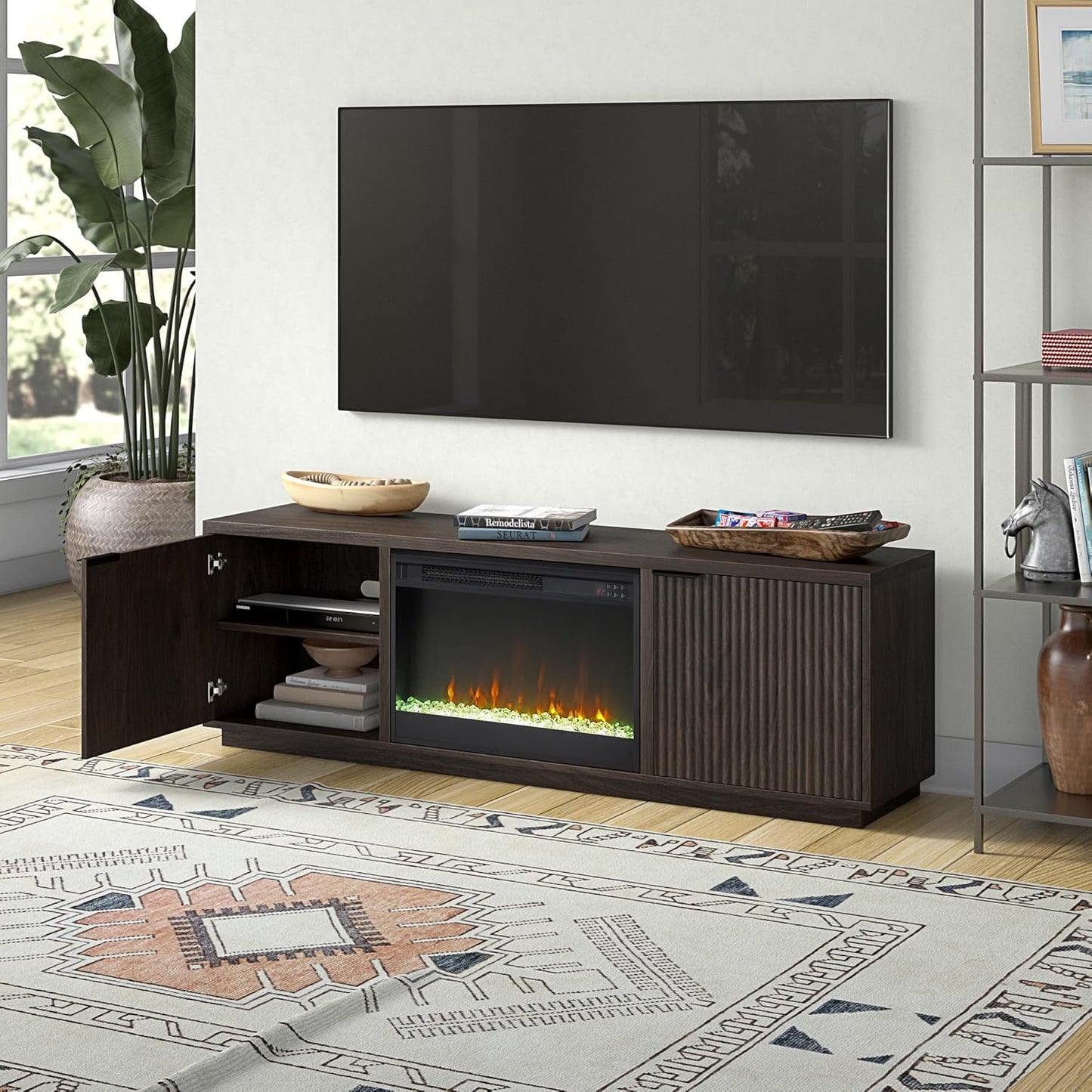 Henn&Hart Rectangular TV Stand with 26" Crystal Fireplace for TV's up to 78" in Alder Brown, for Home, Living Room, Bedroom, Entertainment Room, Office