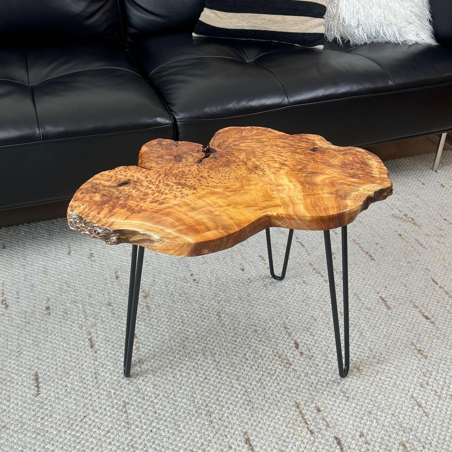 Live Edge Coffee Table, Natural Wood Coffee Table for Living Room, Natural Fir Unique Desktop with Metal Hairpin Legs (Plus Size)