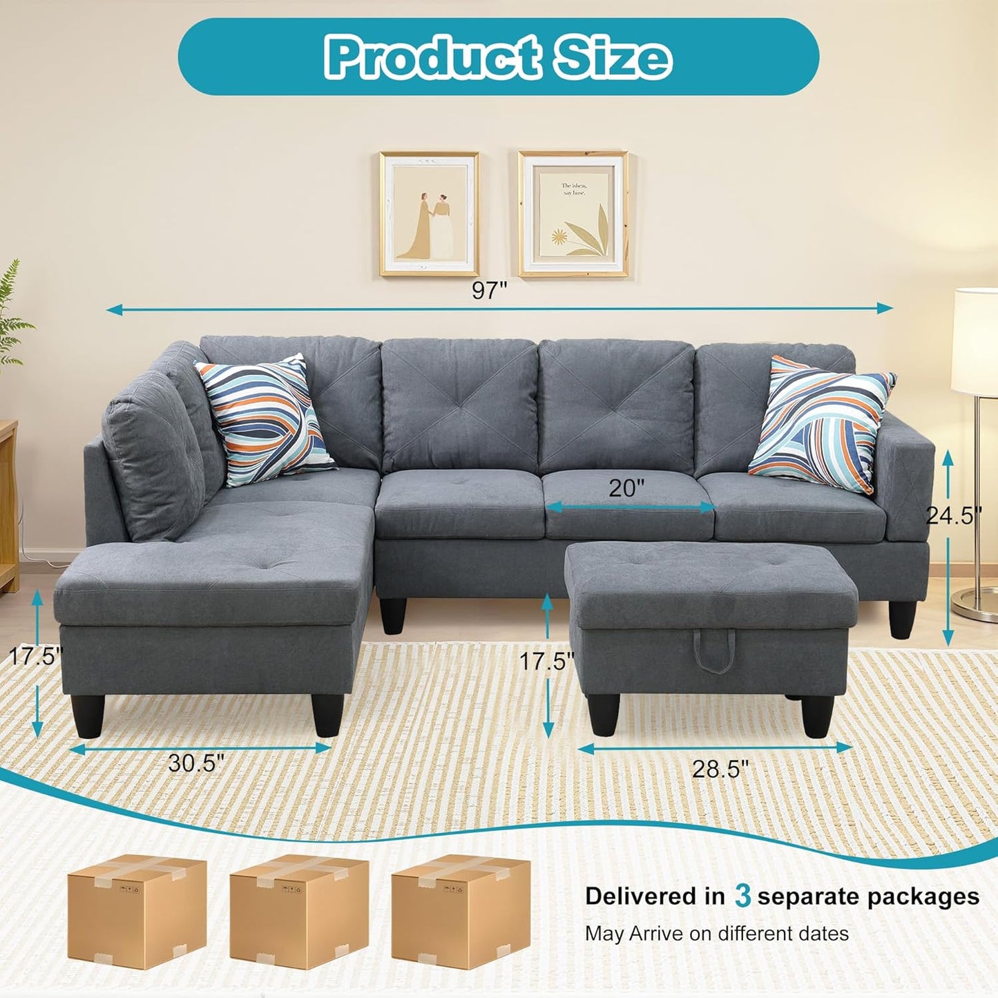 L Shaped Couch Modern Sectional Couch Upholstered Flannelette Fabric 3 Pieces Sofas for Living Room with Chaise, Storage Ottoman for Office and Small Apartment, Dark Grey