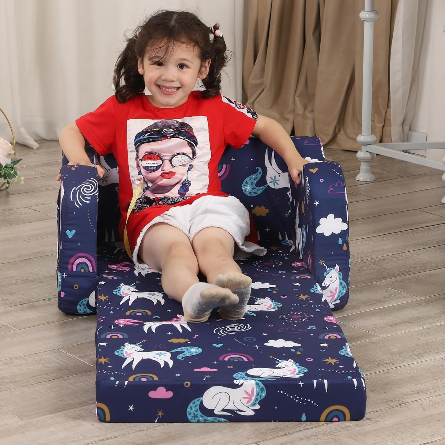Rainbow Unicorn Kids Sofa, 2-in-1 Kids Couch Fold Out, Convertible Sofa to Bed for Girls and Boys