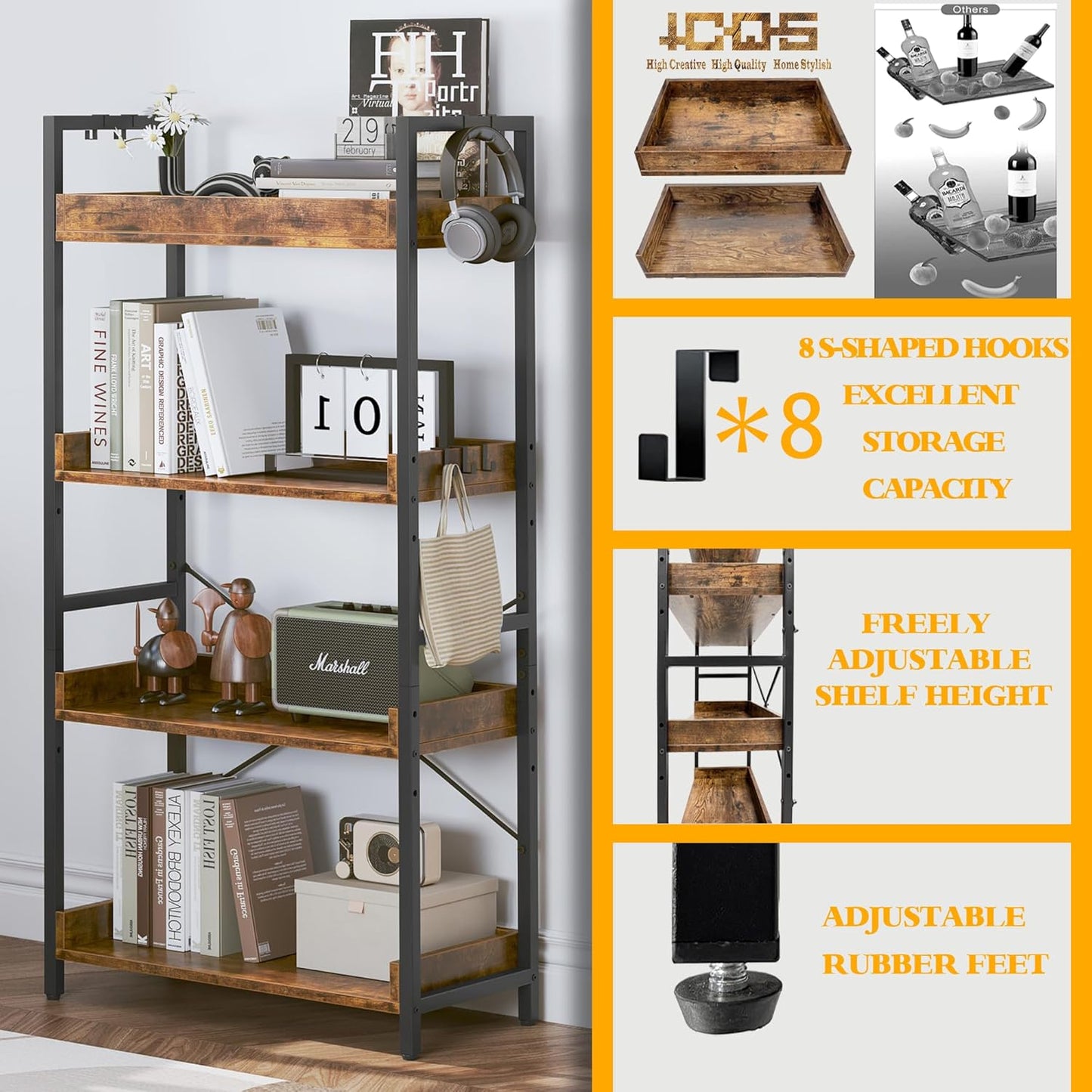 HCHQHS 4 Tier Bookshelf, Adjustable Industrial Bookcase, Vertical Tall Book Shelf, Wood and Black Metal Open Bookshelves for Home Office, Living Room, Bedroom