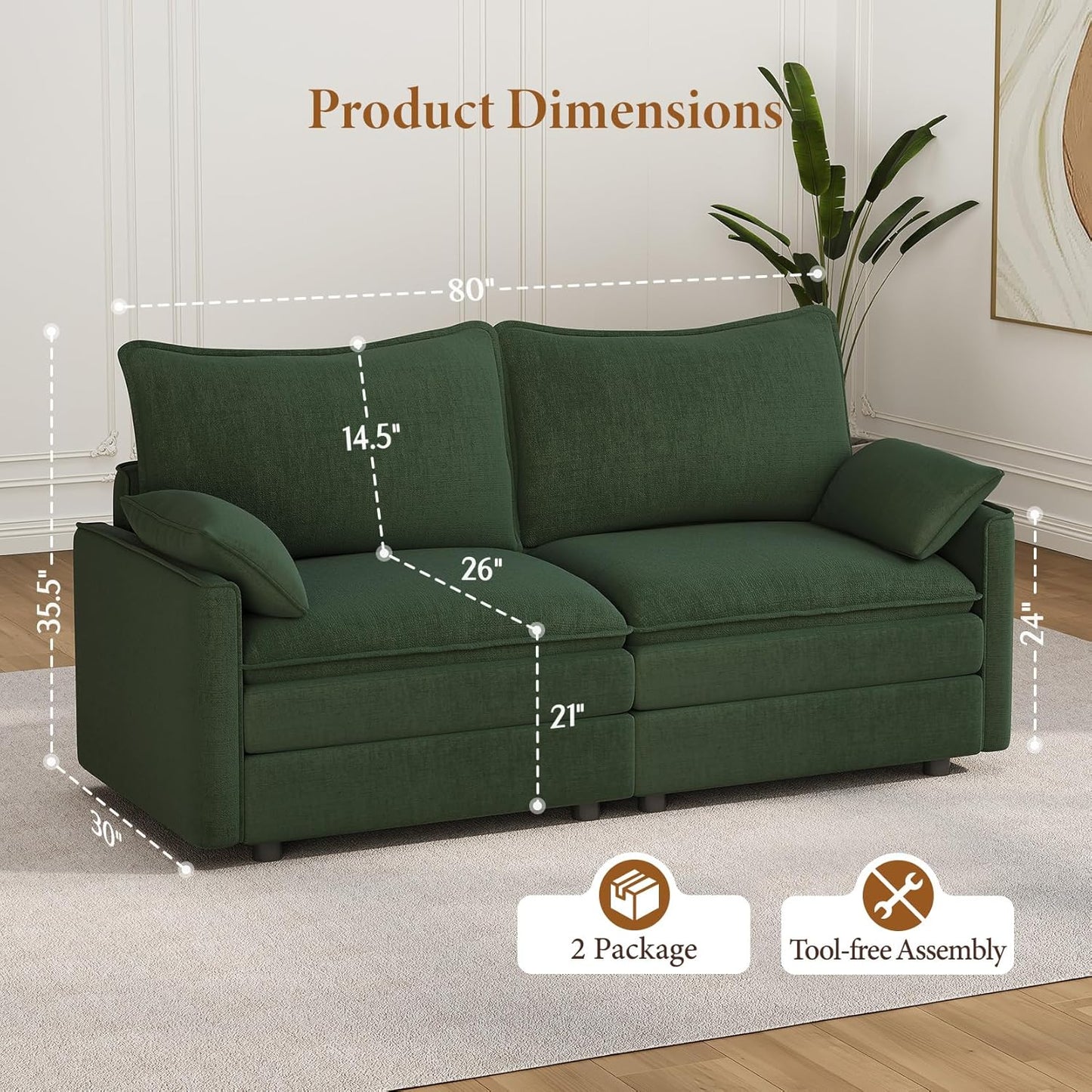 Vesgantti 74" Loveseat Sofa for Living Room, Comfy Cloud Couch Deep Seat Chenille Modern 2 Seater Small Sofa with Armrest Pillow, Easy Assembly for Small Spaces, Green