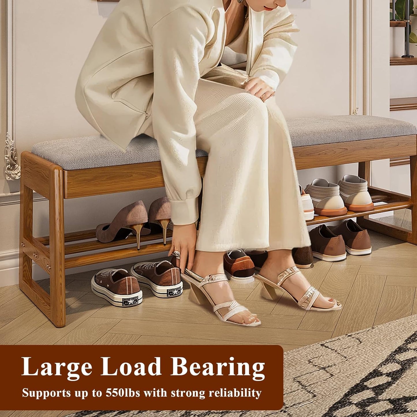 Shoe Rack Bench with Cotton-Linen Cushion 2-Tier Wooden Storage Bench 550lbs Compact Simple & Modern Design for Entryway, Hallway, Bedroom, Living Room, Closet, Front Door Entrance, Foyer