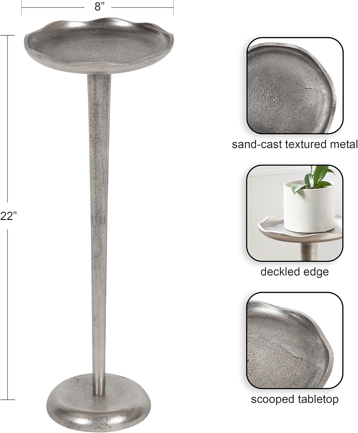 Kate and Laurel Alessia Modern Decorative Metal Drink Table; 8 x 8 x 22; Silver; Stunning Cast Aluminum Pedestal Plant Stand with Rough Texture and Deckled Edge