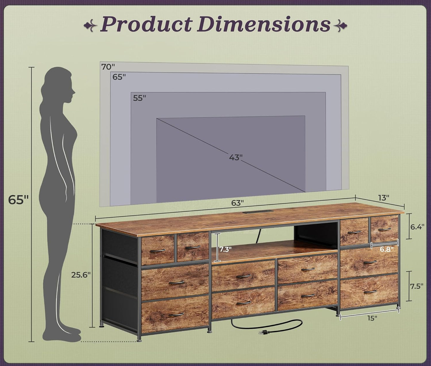 Huuger 63 Inch Dresser TV Stand with LED Lights, Power Outlets and USB-C Port, 12 Fabric Drawer Dresser for Bedroom, Entertainment Center for 65, 70 Inch TV, Media Console, Open Shelf, Rustic Brown