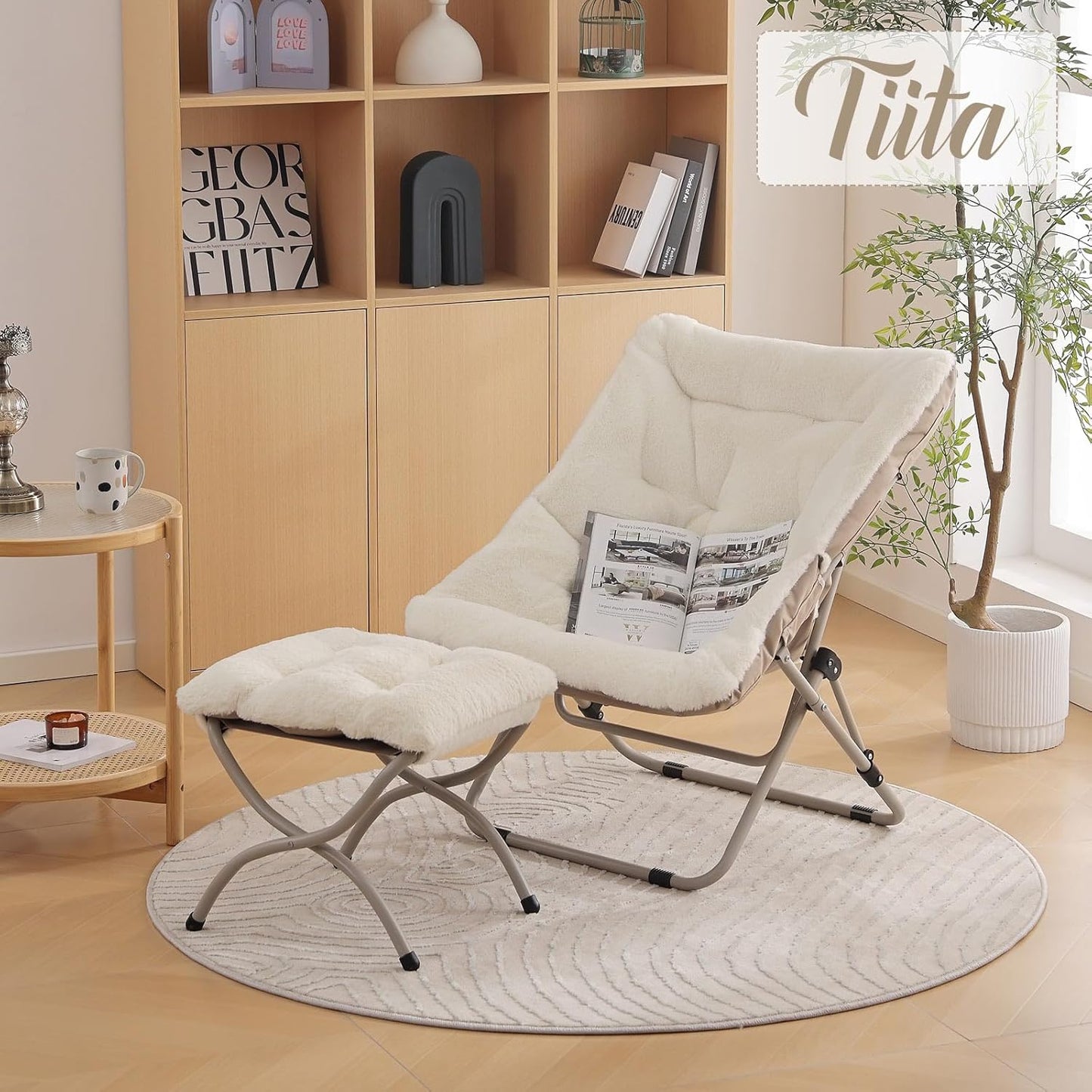 Tiita Folded Chair with Ottoman, Soft Faux Fur Oversized Folding Accent Chair,Lounge Lazy Chair, Metal Frame Moon Chair for Bedroom, Living Room, Dorm Rooms, Garden and Courtyard