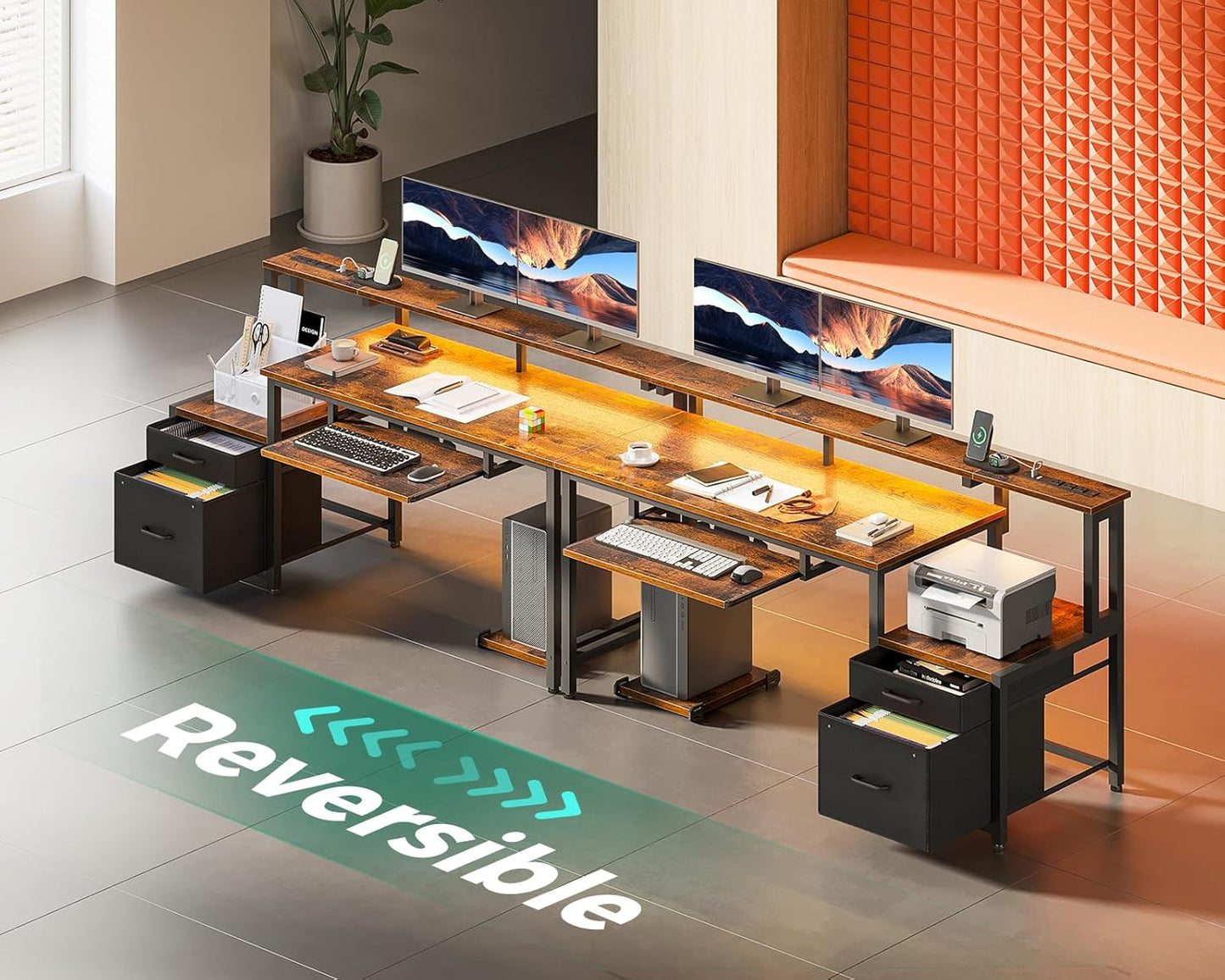 AODK Computer Desk with Drawers and Keyboard Tray, 55" Office Desk with Power Outlet and LED Lights, Reversible Study Work Desk with Printer Shelf and PC Stand for Home Office, Vintage