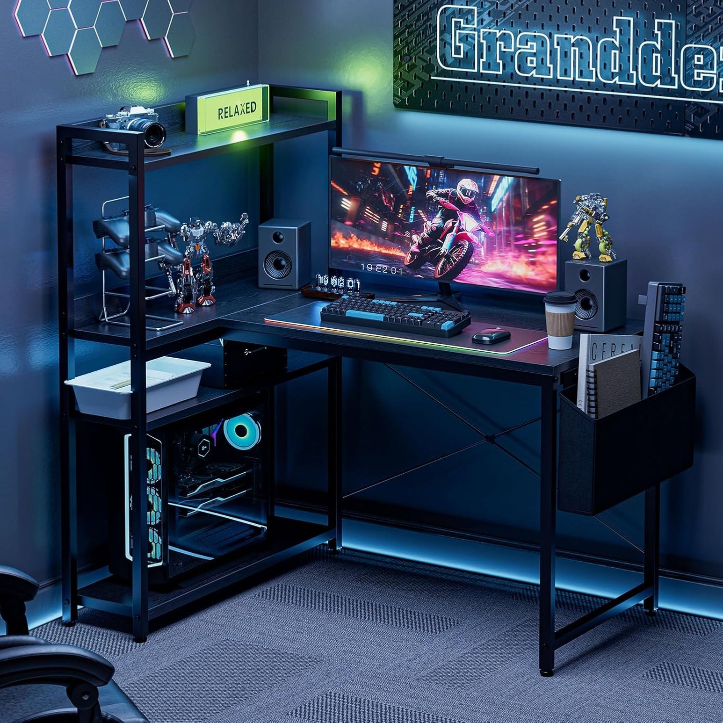 40 Inch L Shaped Computer Desk with Reversible Storage Shelves, Home Office Corner Desk Study Writing Table with Hutch, Study, Black