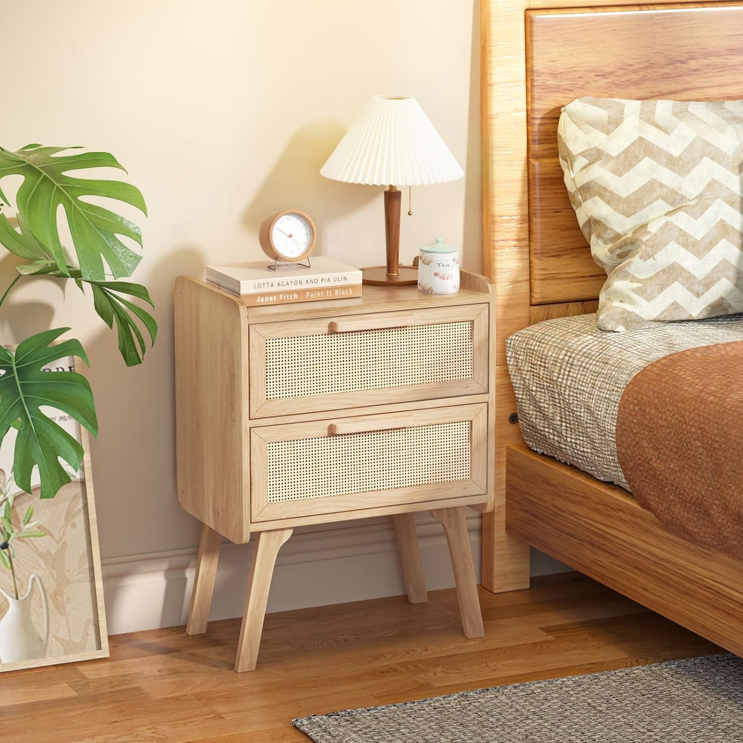 Lerliuo Rattan Nightstands Set of 2, Boho Night Stand with 2 Drawers, Cane Accent Side End Table, Bedside Table with Solid Wood Legs for Bedroom, Dorm and Small Spaces (Natural)