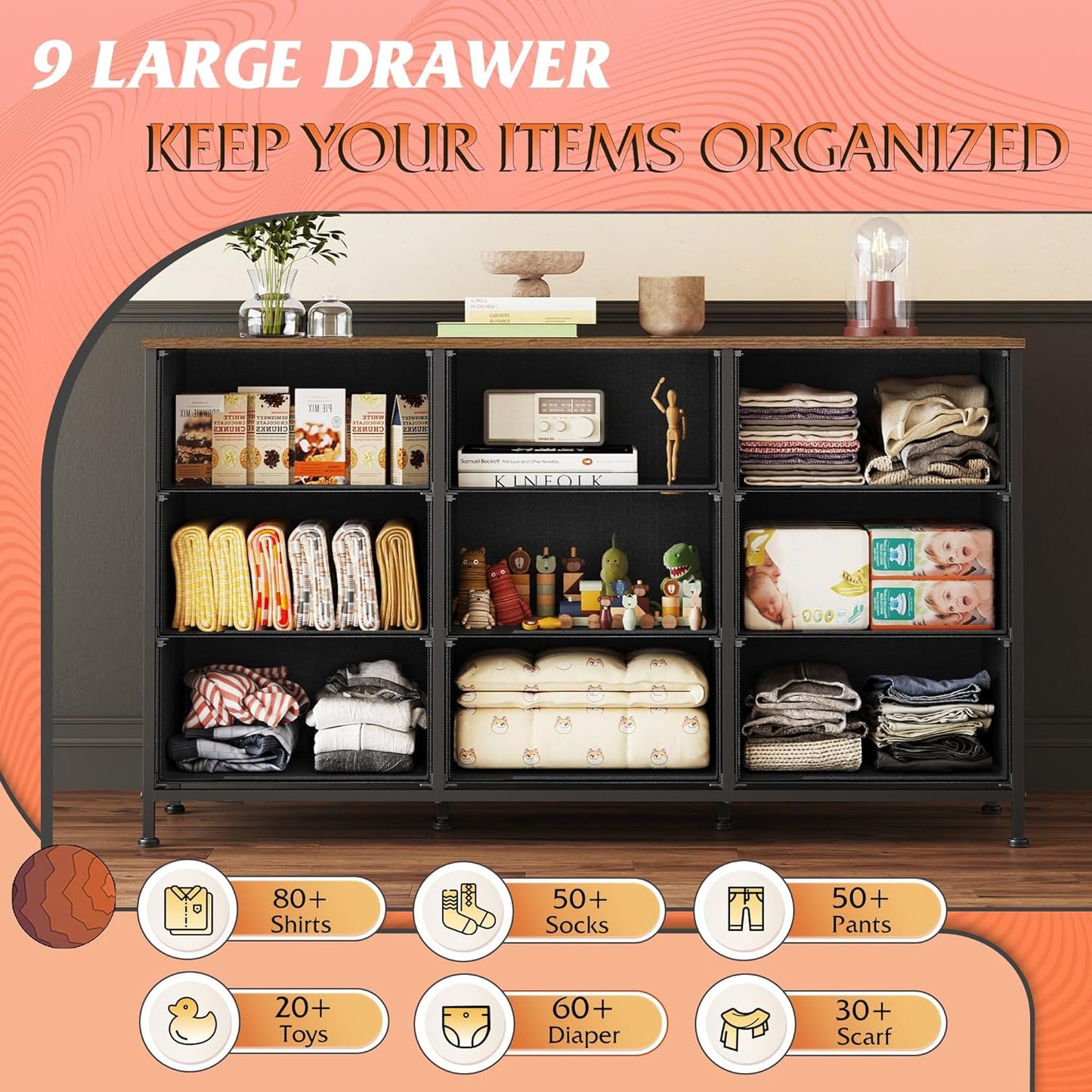 WLIVE 47''W Dresser for Bedroom, Dresser TV Stand for 45, 50, 55 inch TV, Wide Chest of Drawers with 9 Drawer, Large Entertainment Center, Fabric Dressers with Wood Top for Living Room, Rustic Brown