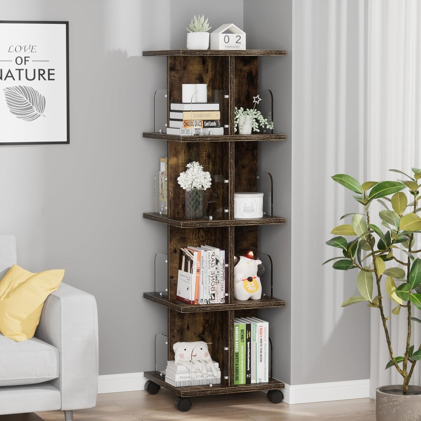 VECELO 4-Tier Rotating Bookshelf, Modern Swivel Bookcase, Vintage Book Shelf for 360° Display, Stackable Shelves Floor-Standing Storage for Home Office, Solid Wood, Smooth Spinning, Brown