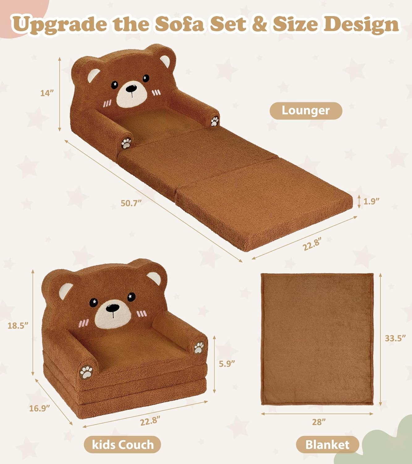 Kids Couch, 2-in-1 Soft Toddler Couch Fold Out with Blanket, Chair Comfy, Foldable Convertible Plush Sofa to Lounger, Gifts for Kids Girl Boys, Teddy Bear