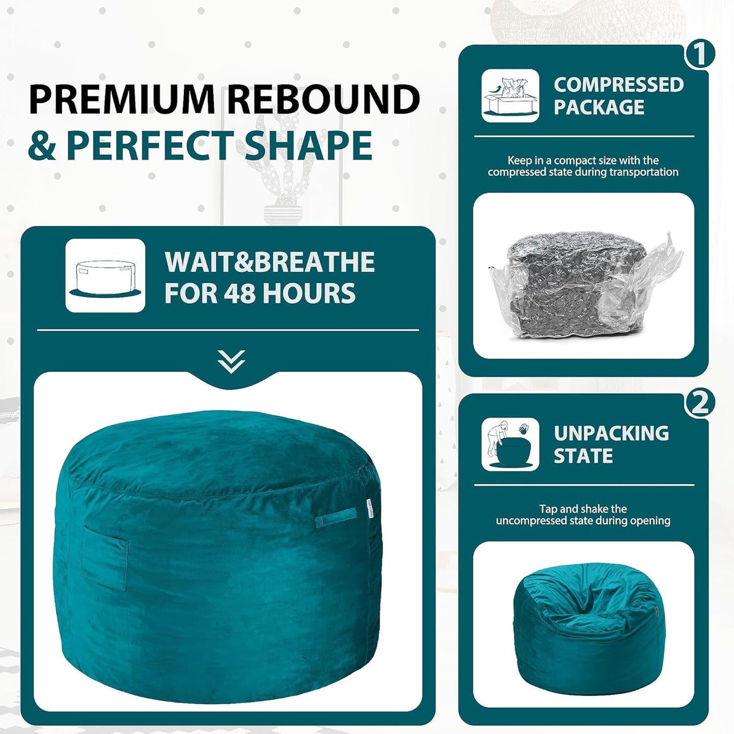 HABUTWAY Bean Bag Chair 3Ft Luxurious Velvet Ultra Soft Fur with High Rebound Memory Foam Bean Bag Chairs for Adults Plush Lazy Sofa with Fluffy Sponge 3' (Sea Blue)