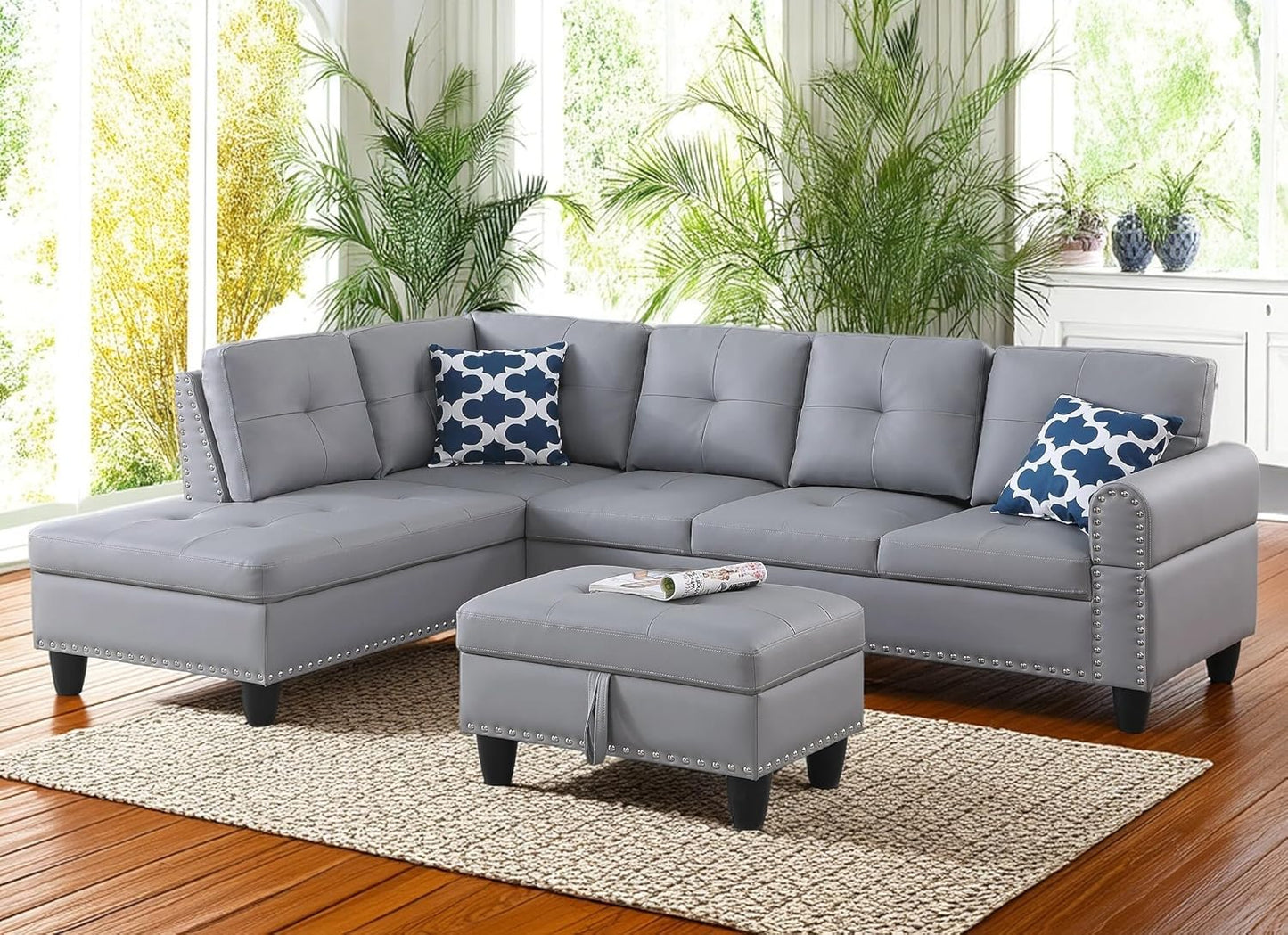 98 Inch L Shaped Sectional Sofa with Chaise Lounge, Storage Ottoman and 2 Pillows, 4-Seaters Faux Leather Upholstered Tufted Couch w/Cupholder & Nailhead Trim for Living Room, Office, Gray