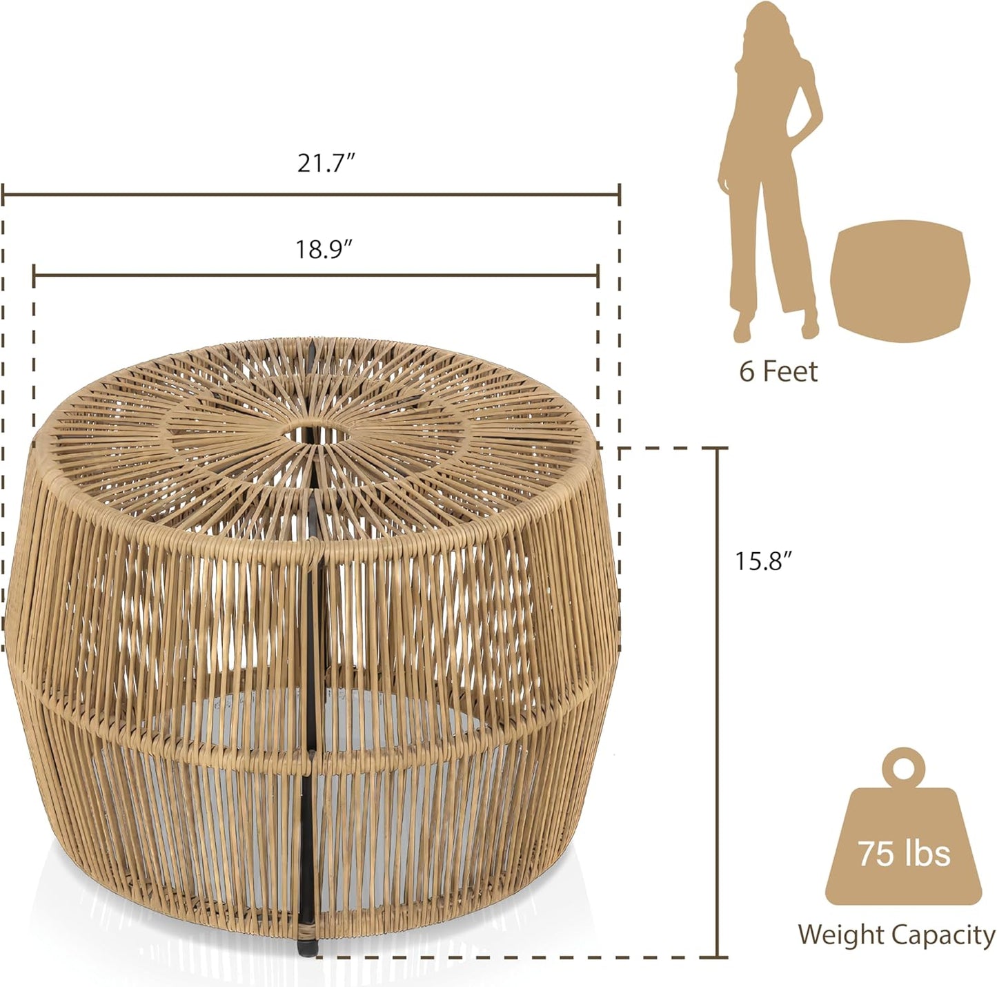 Muse & Lounge Co. Ysar Boho Rattan Round Coffee Table Outdoor with Metal Frame, All-Weather and Rust Resistant, Handcrafted Coastal Furniture for Patio, Poolside, Garden, Yard, Natural Brown