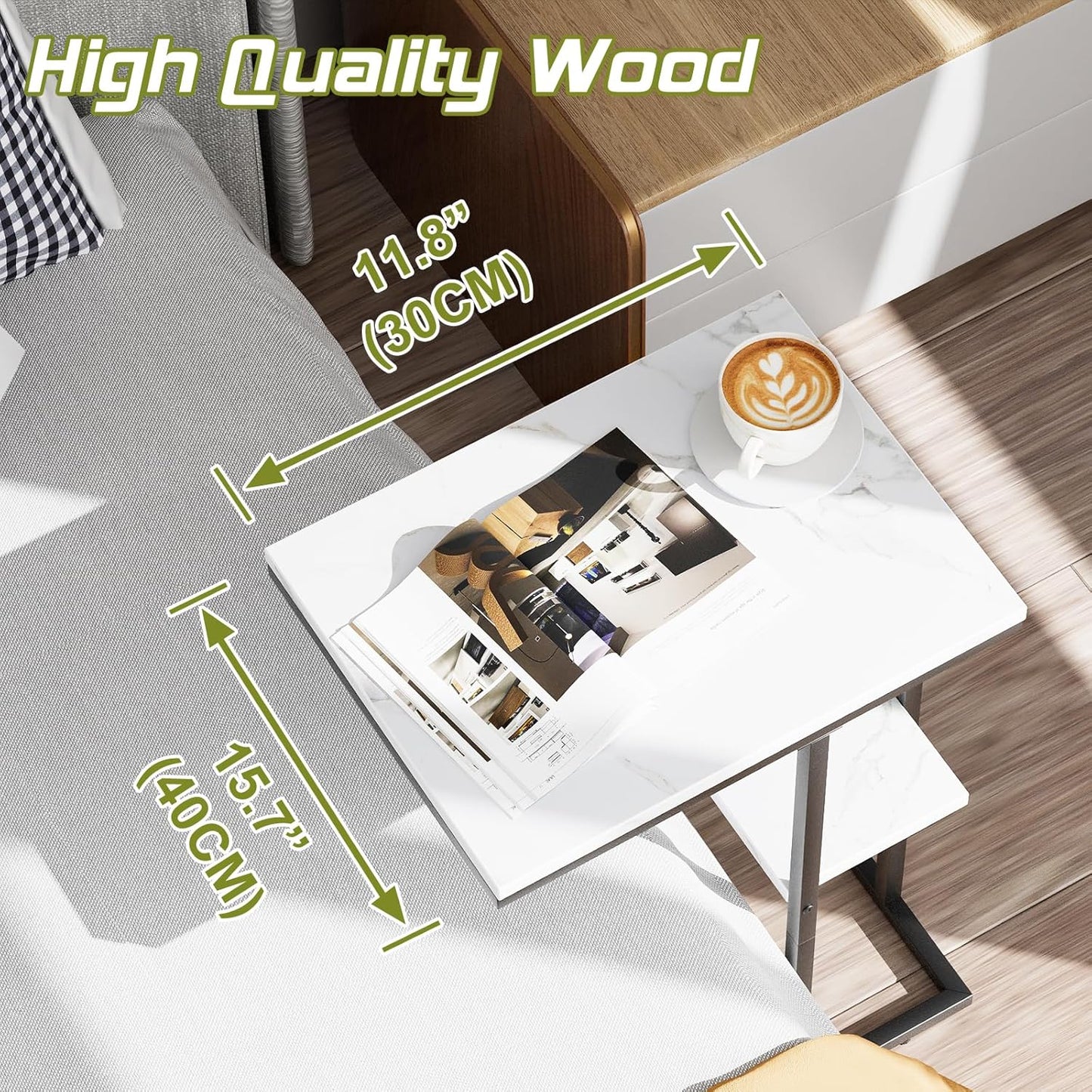 Easy Paws C Shaped End Table,Small Side Table for Couch and Bed, Gold Snack Couch Table for Small Spaces, Living Room, Bedroom,Bedside (White Marble)