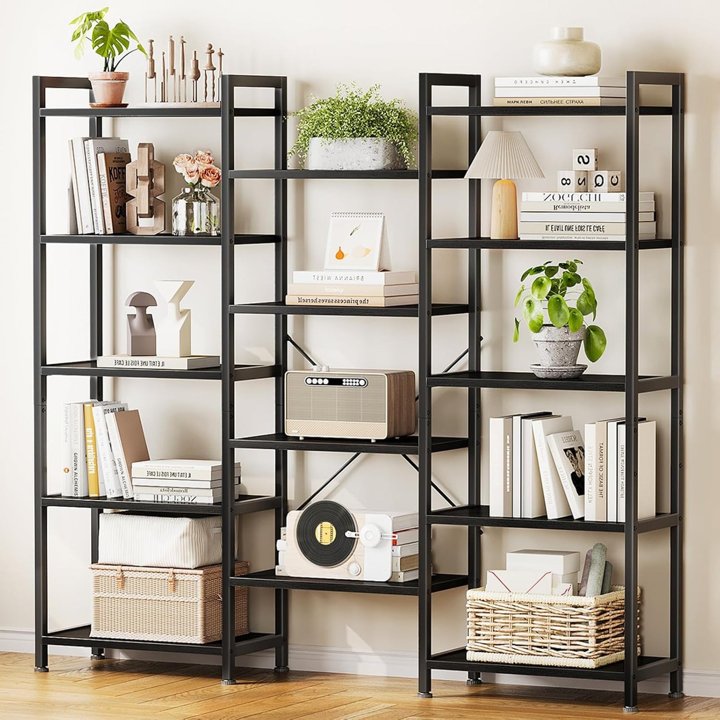 Casaottima Triple 5 Tier Bookshelf, Large Bookcase with 14 Open Display Shelves, Modern Industrial Book Shelves Book Case for Bedroom, Wide Standing Shelving Unit for Living Room Home Office, Black
