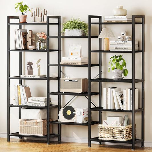 Casaottima Triple 5 Tier Bookshelf, Large Bookcase with 14 Open Display Shelves, Modern Industrial Book Shelves Book Case for Bedroom, Wide Standing Shelving Unit for Living Room Home Office, Black