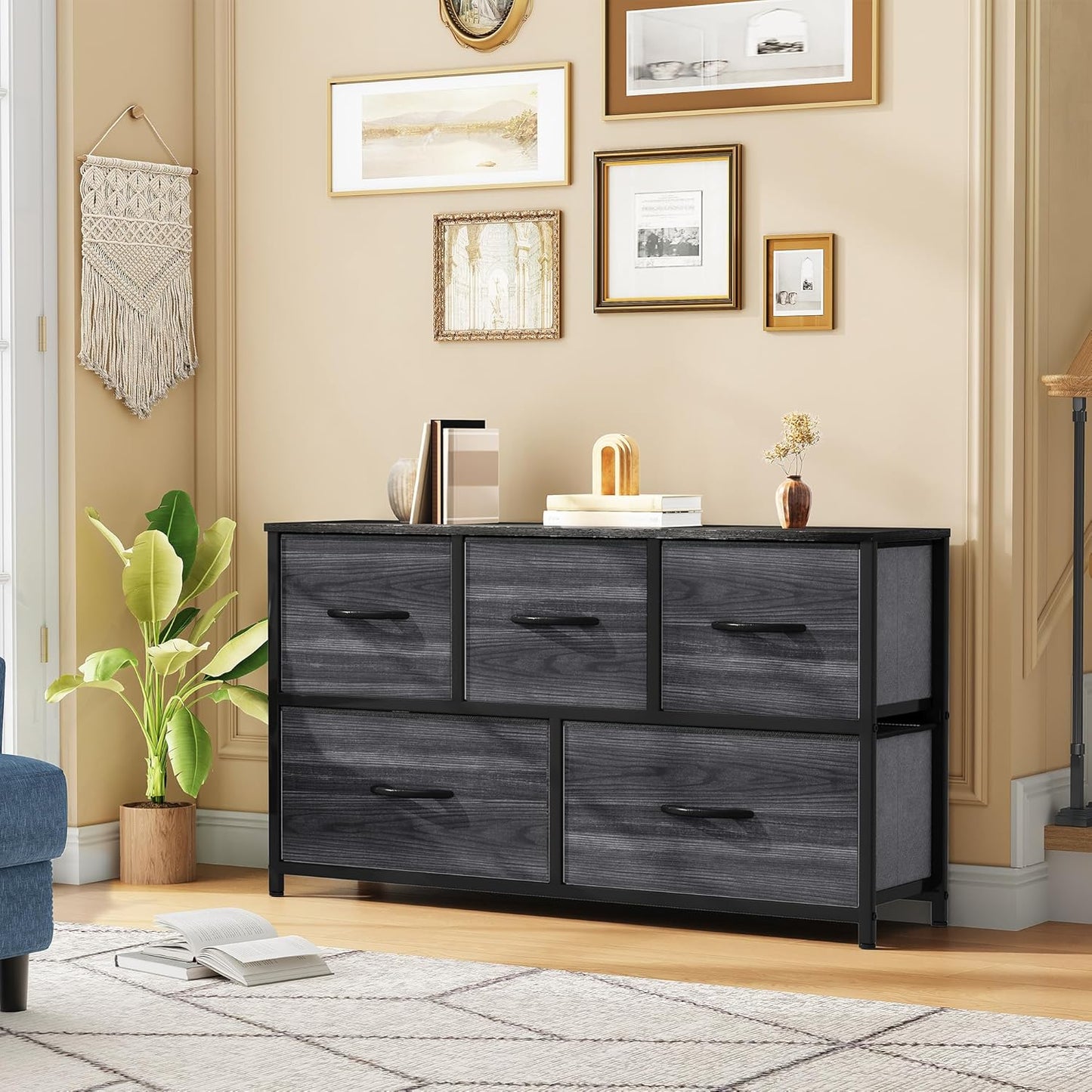 DWVO Dresser with 5 Drawers - Fabric Storage Tower, Organizer Unit for Bedroom, Living Room, Closets - Sturdy Steel Frame, Wooden Top