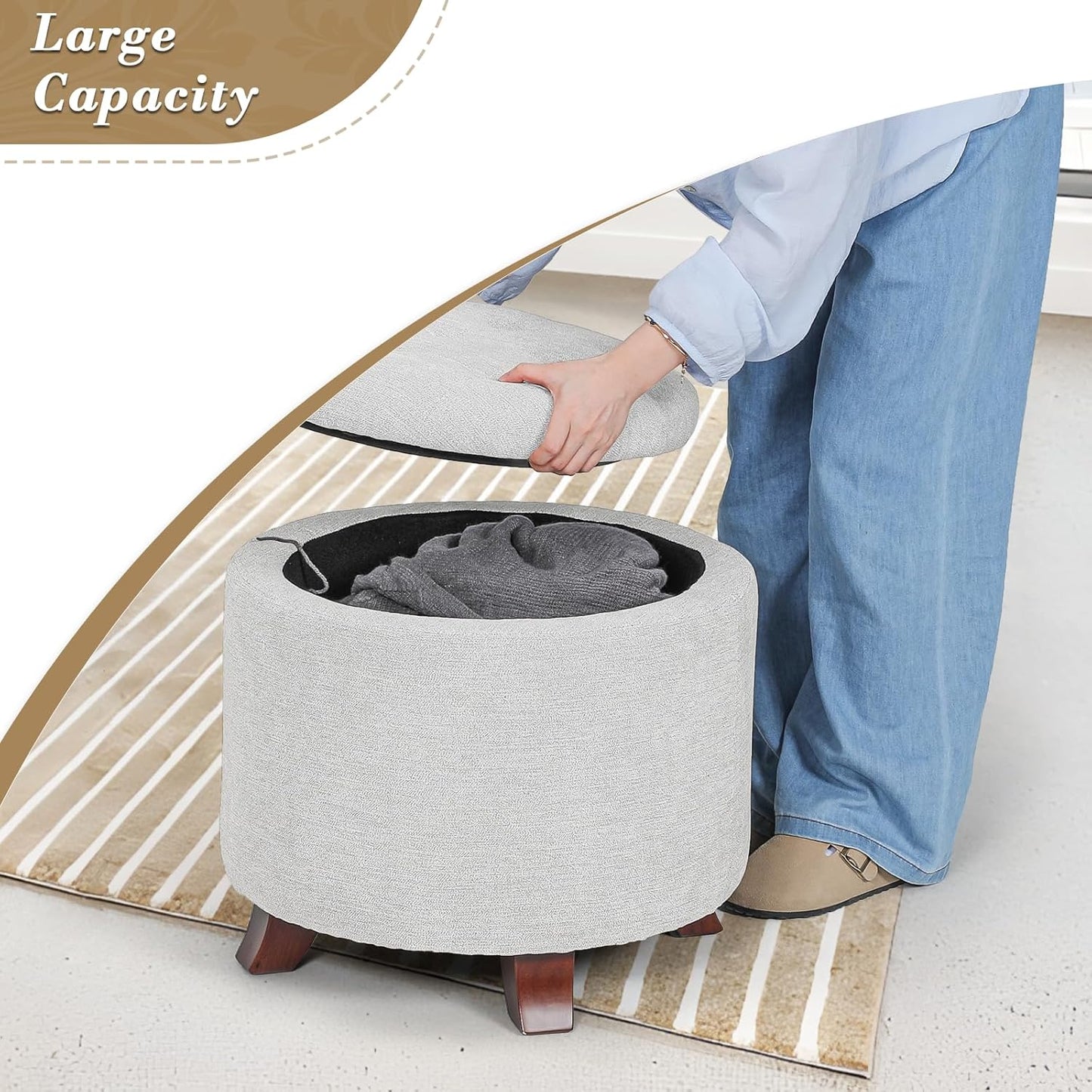 Athena Collection 20 Inch Small Ottoman with Storage, Round Linen Fabric Storage Ottoman with Removable Lid, Stylish Footstool Foot Rest for Living Room, Bedroom, Dorm, Grey