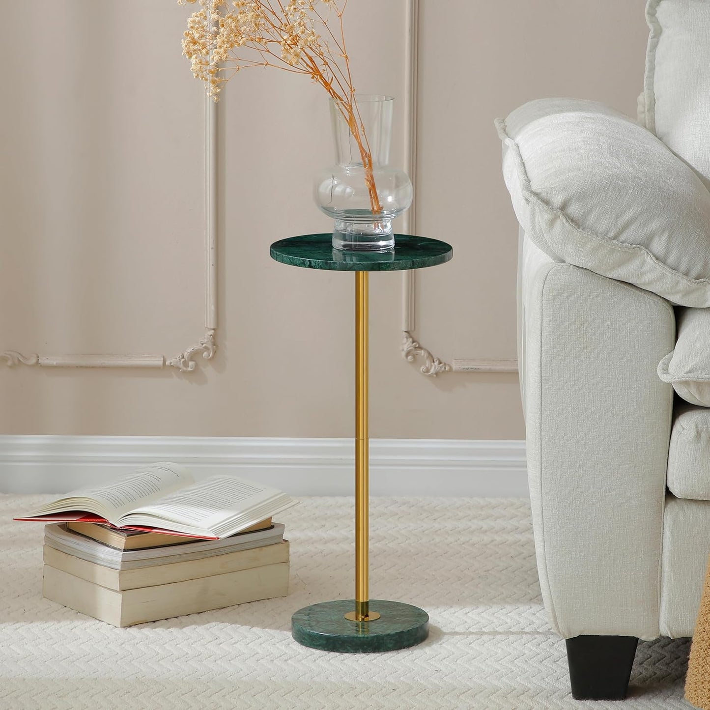 Φ9.8-inch Marble Round Drink Table, Stone Finish Pedestal End Table for Living Room, Weighted Base Small Accent Side Table for Small Space - Emerald Green