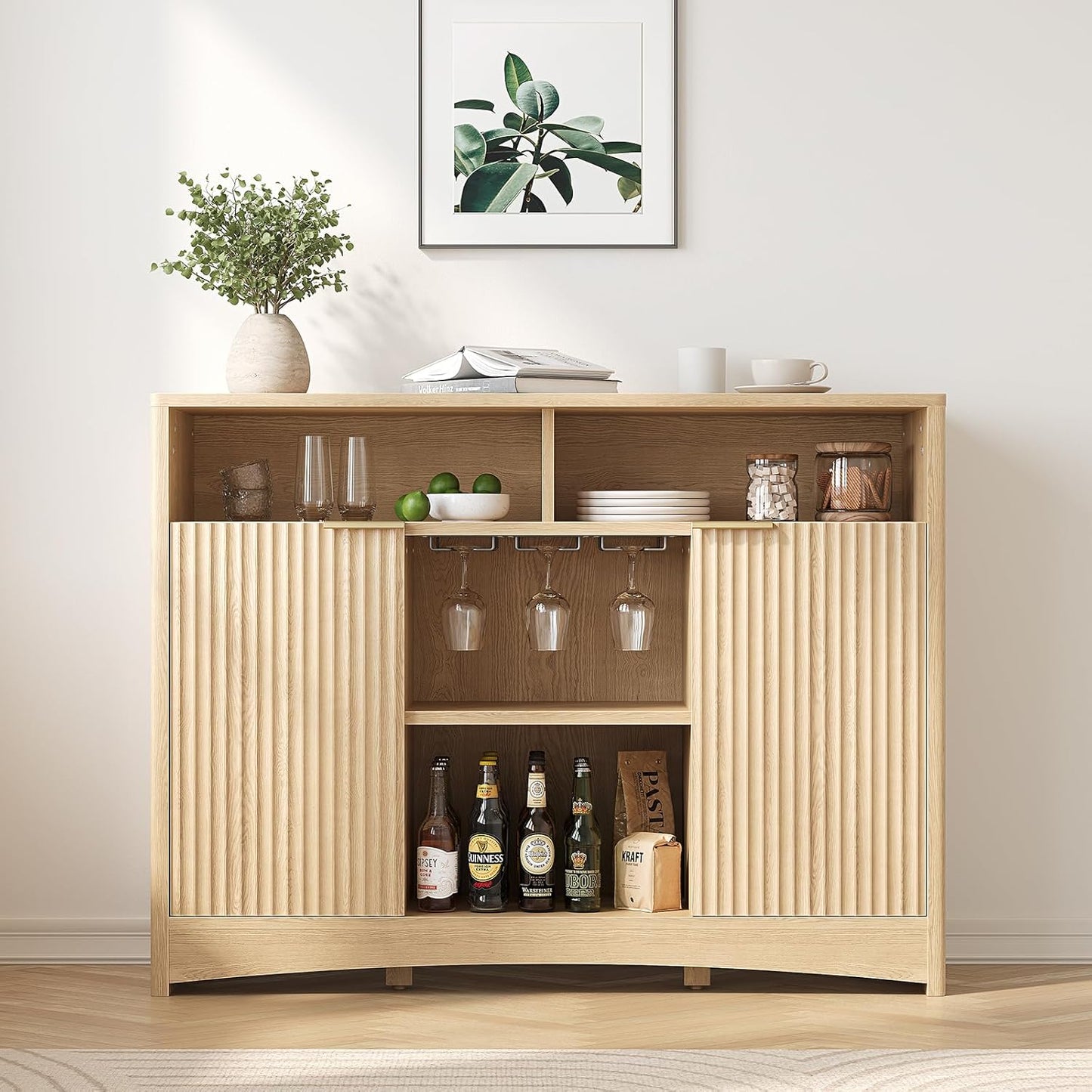 Marsail 47.2" Bar Cabinets with Storage, Modern Buffet Cabinet, Large Sideboard with 2 Fluted Panel Doors, Coffee Bar Cabinet with Adjustable Shelf and Glass Rack for Kitchen, Living Room, Natural Oak
