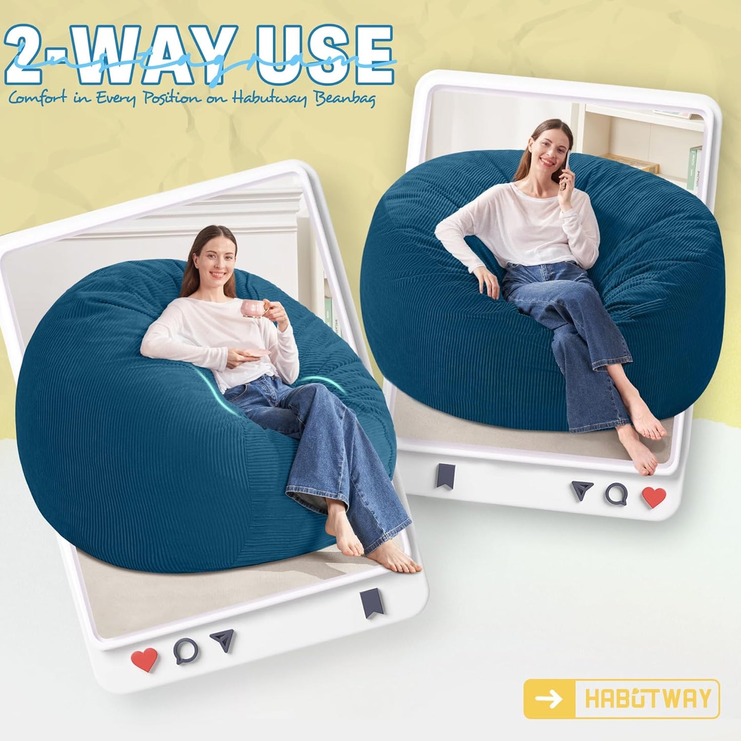 HABUTWAY 5FT Bean Bag Chair,Giant Bean Bag Chairs for Adults,Big Bean Bags with Memory Foam Filled, Large Beanbag Chairs with Soft Corduroy Cover-Dark Blue