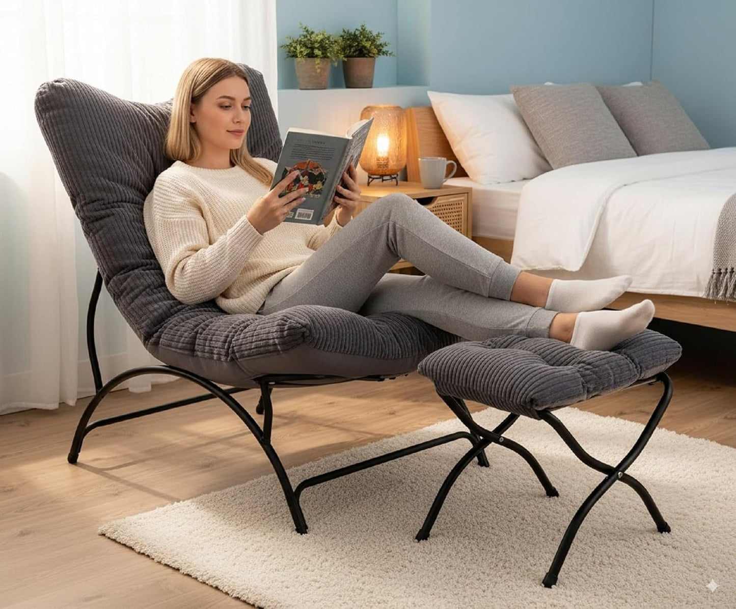 Welnow Accent Chair with Ottoman, Lounge Comfy Soft Leisure Metal Frame Reading Chair with Footrest, Upholstered Thick Cushion Seated Recliner Sofa for Living Room, Bedroom, Dorm, Dark