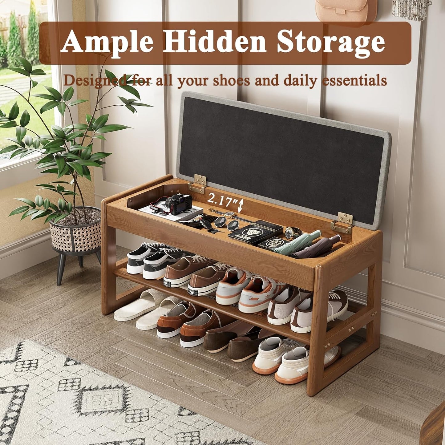 Shoe Rack Bench with Cotton-Linen Cushion 2-Tier Wooden Storage Bench 550lbs Compact Simple & Modern Design for Entryway, Hallway, Bedroom, Living Room, Closet, Front Door Entrance, Foyer