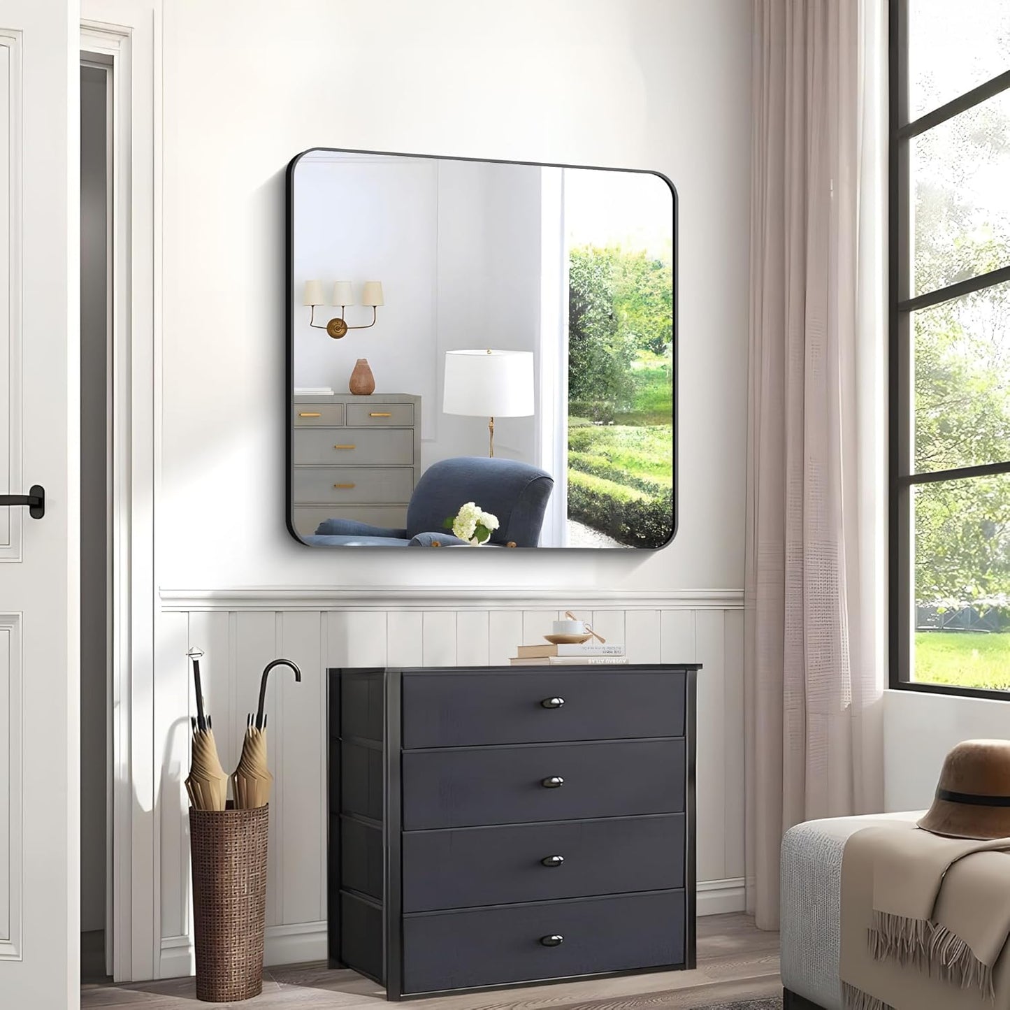 Black Bathroom Mirrors for Wall, 30"x30" Square Mirror, Rounded Corner Metal Frame Wall Mirror, Bathroom Vanity Mirror for Bedroom Living Room Entryway Horizontal Or Vertical Mounting