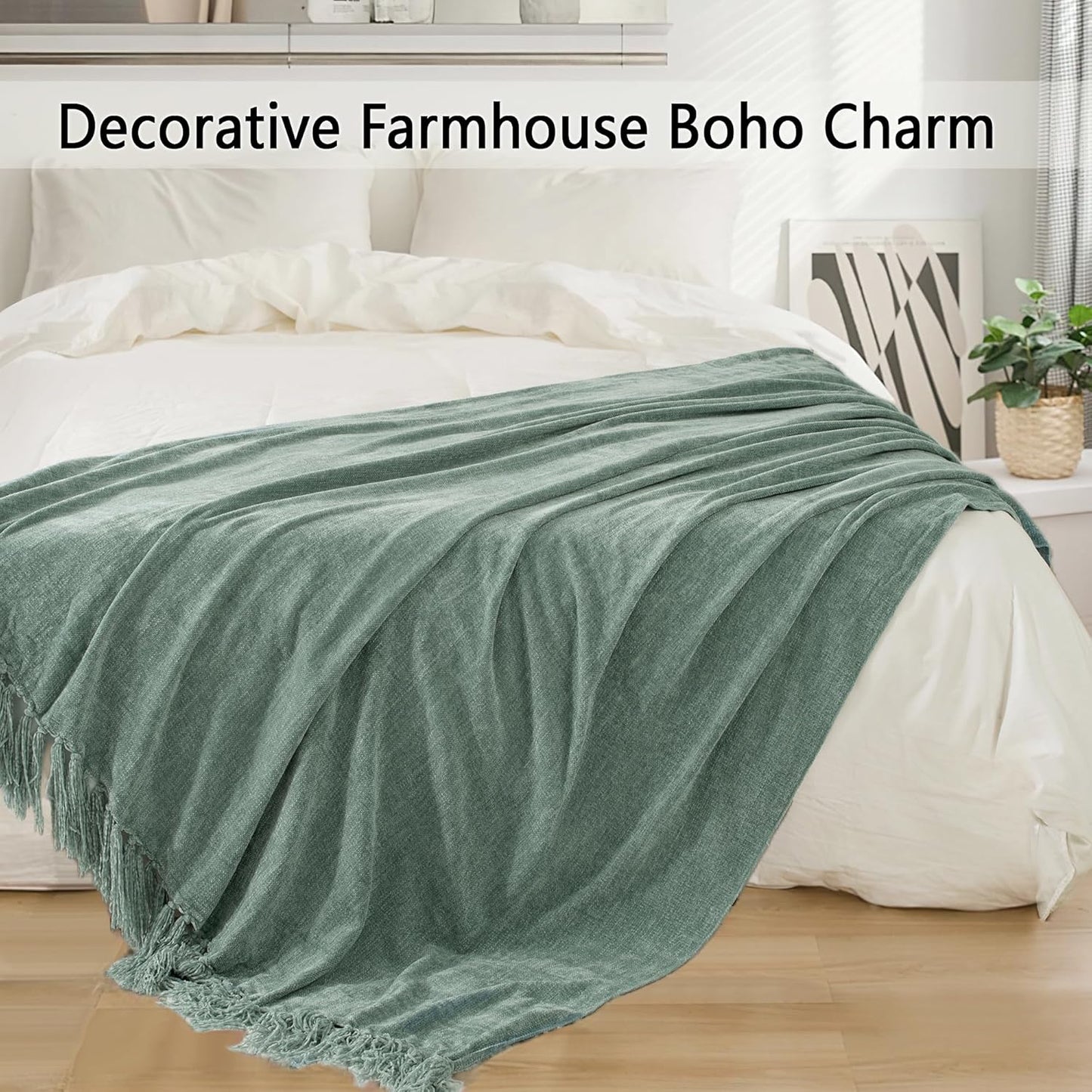Chenille Throw Blanket for Couch 50"X 60", Soft Cozy Throws with Fringe Tassel for Bed Sofa Chair Cover, Lightweight Knitted Decorative Boho Blankets for Living Room, Sage Green
