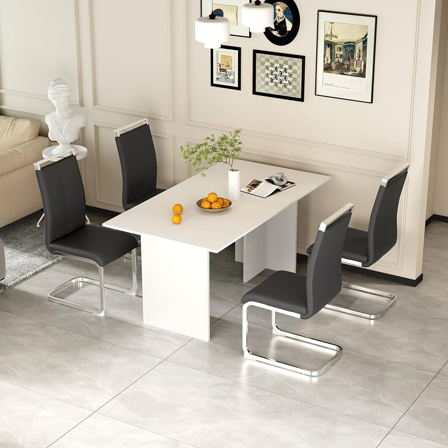 Dining Chairs Set, Kitchen Modern Metal Chairs with Faux Leather Padded Seat High Back and Sturdy Chrome Legs, Chairs for Dining Room (Black, Set of 4)