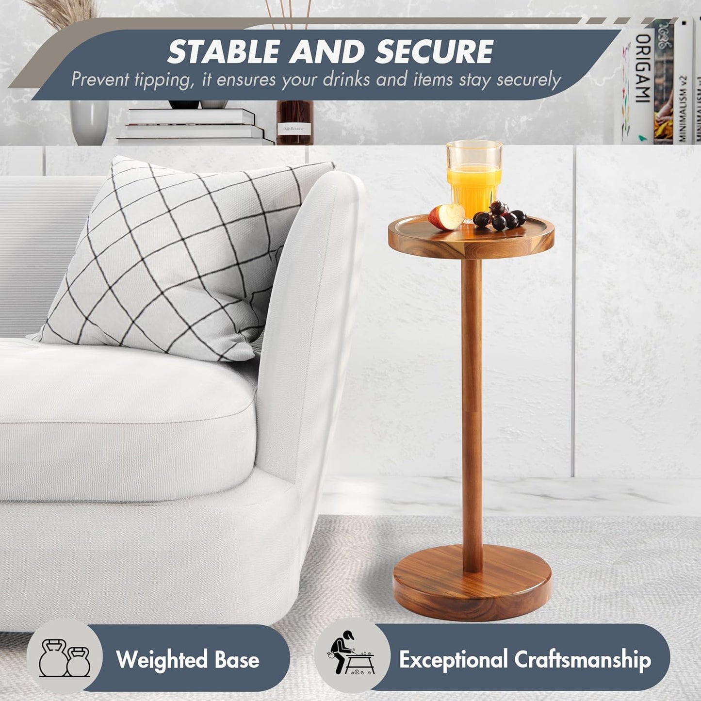 Pedestal Side Table, Acacia Drink Table with Weighted Base, Small Round Side Table for Small Spaces with Phone Holder, Martini & Cocktail Pedestal End Table for Living Room, RVs, Home Office