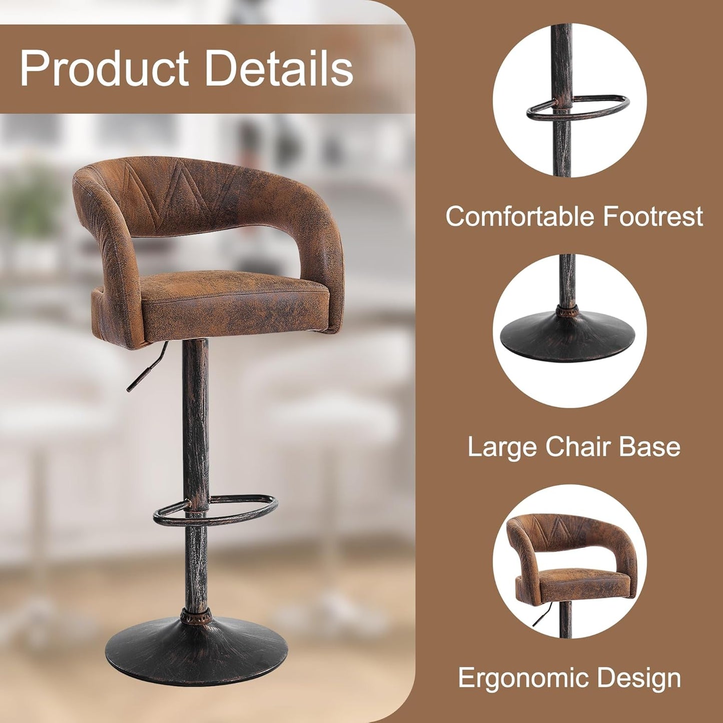 VECELO Bar Stools Set of 4 Adjustable Swivel Modern Pu Leather Barstools, Counter Bar Stools with Back and Arms, for Kitchen, Bar (Dark Brown)