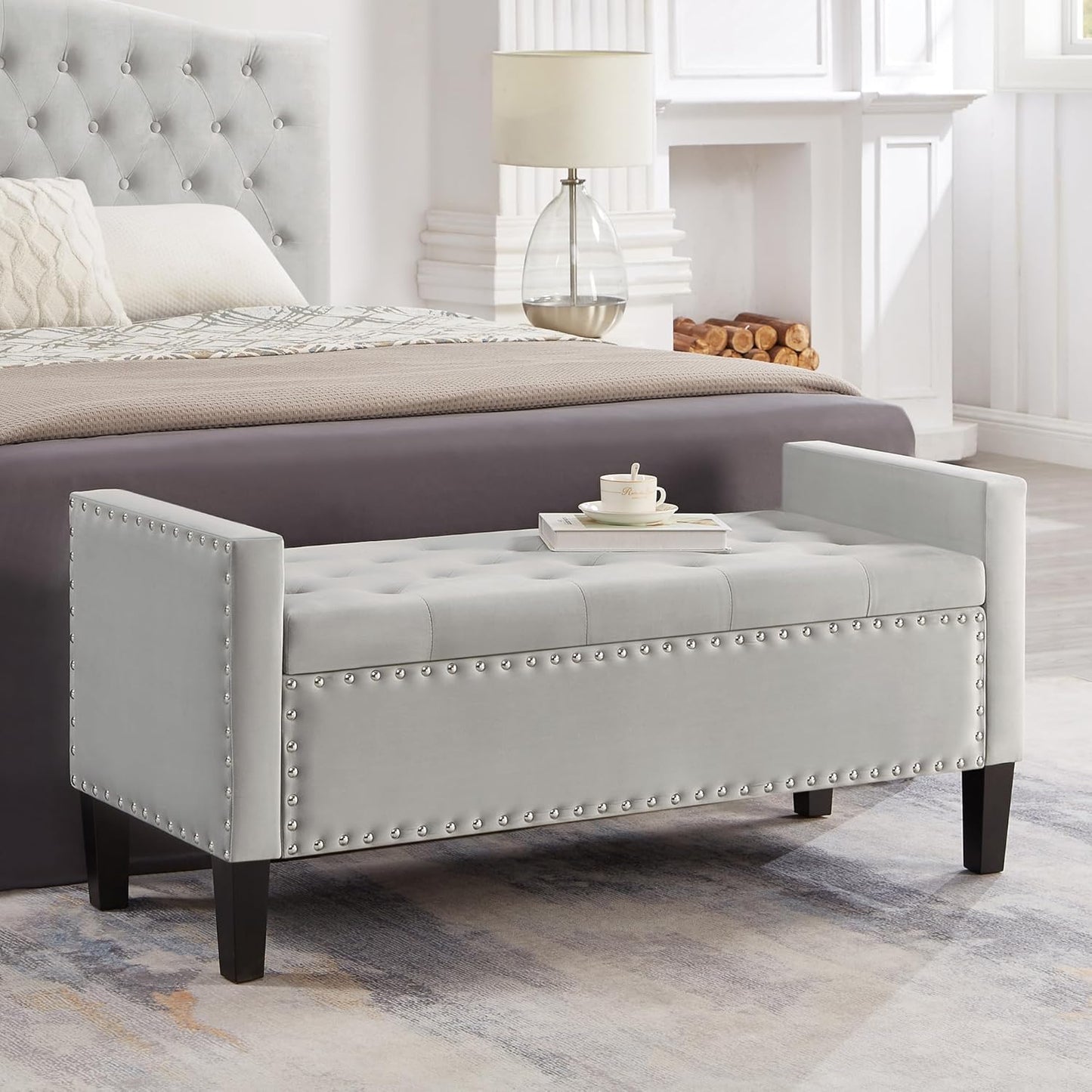 Velvet Storage Ottoman with Armrests and Nails Trim,Entryway Living Room Soft Padded Seat,Bed Bench Bedroom End of Bed,Gray(48”L X 18.5” W X 22” H)