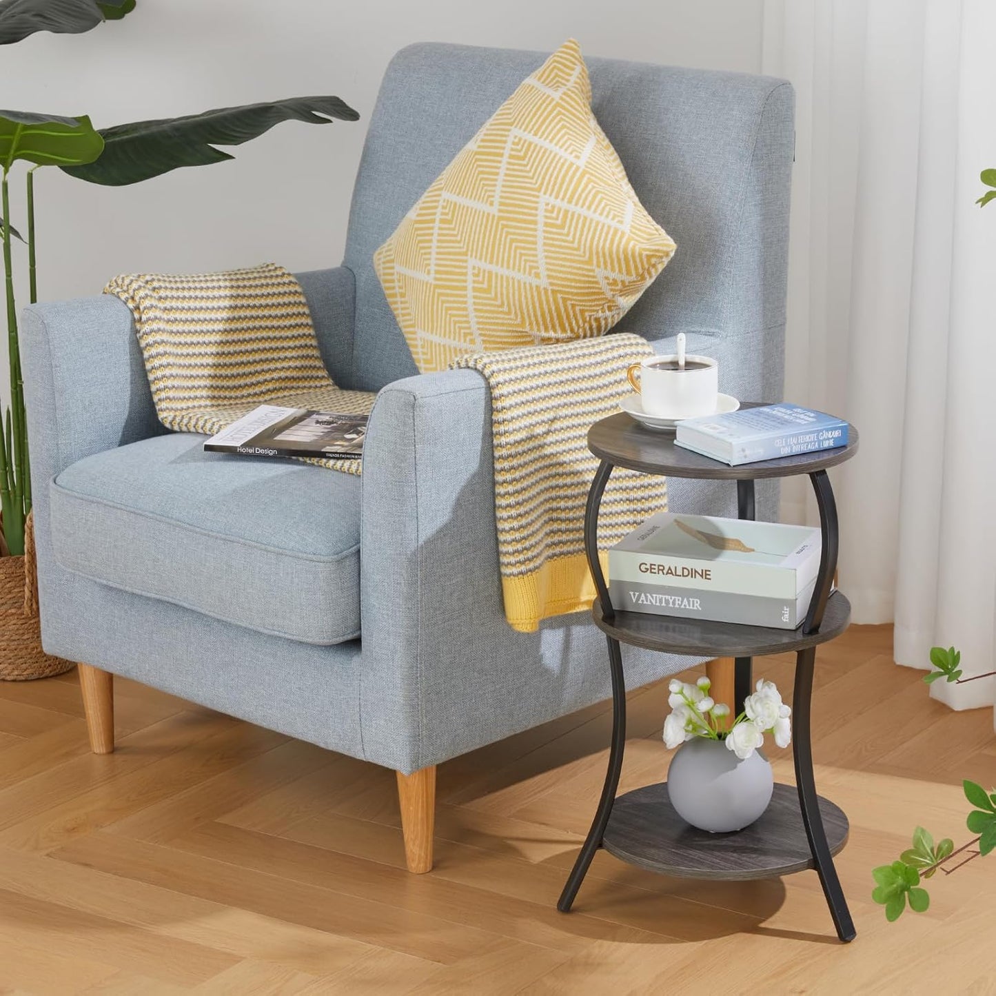 Vintage Small Round Side Table, 3-Tier Slim Waist Circular End Table with Storage Shelf, Compact Tea Sofa Side Table, Round Corner Coffee Table Nightstand for Living Room Bedroom Small Spaces,Grey