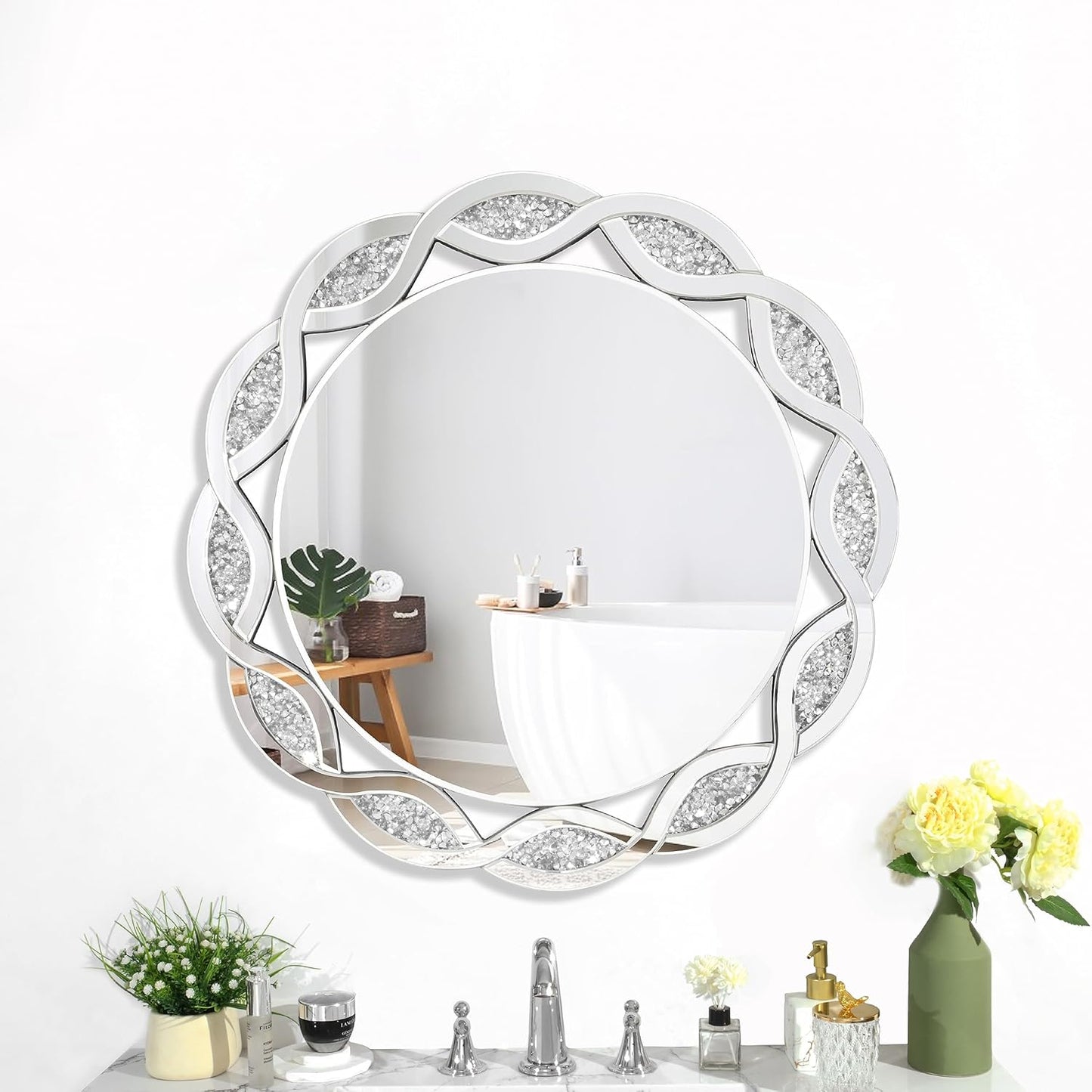Crystal Decorative Mirror-32 x32 Gorgeous Silver Mirror Crush Diamond Mirror for Wall Decoration Bedroom Bathroom Dining Room and Living Room