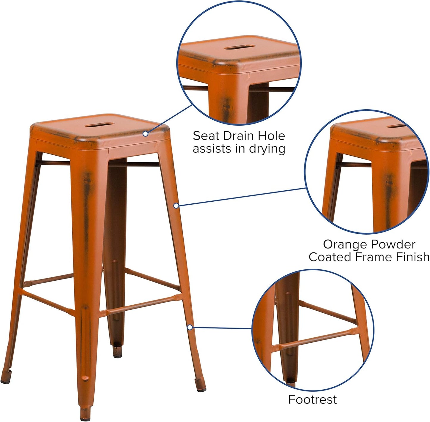 Flash Furniture Kai Commercial Grade 30" High Backless Distressed Orange Metal Indoor-Outdoor Barstool