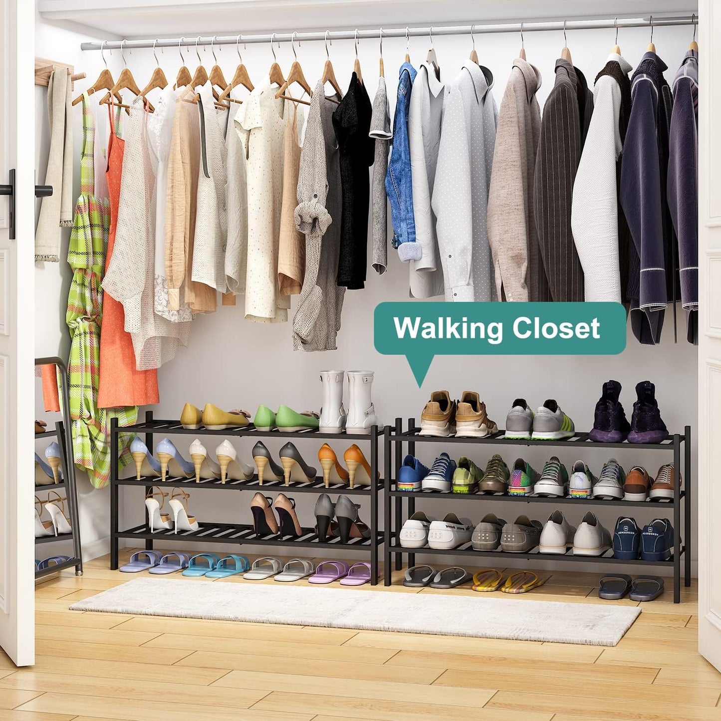 3-Tier Long Black Shoe Rack, Bamboo Wood Shoe Rack for Closet, Entryway & Hallway, Stackable | Functional | Sturdy