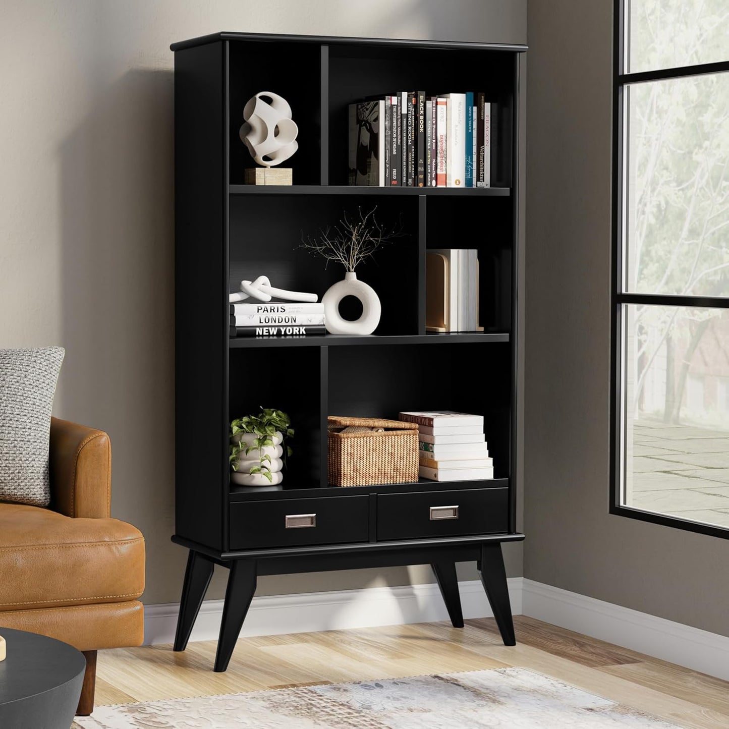 SIMPLIHOME Draper Bookcase - 64 inch Tall Solid Hardwood Wide Storage Bookshelf in Black, Mid-Century Modern Storage for Living Room, Study Room or Office with Adjustable Shelves and Tapered Legs