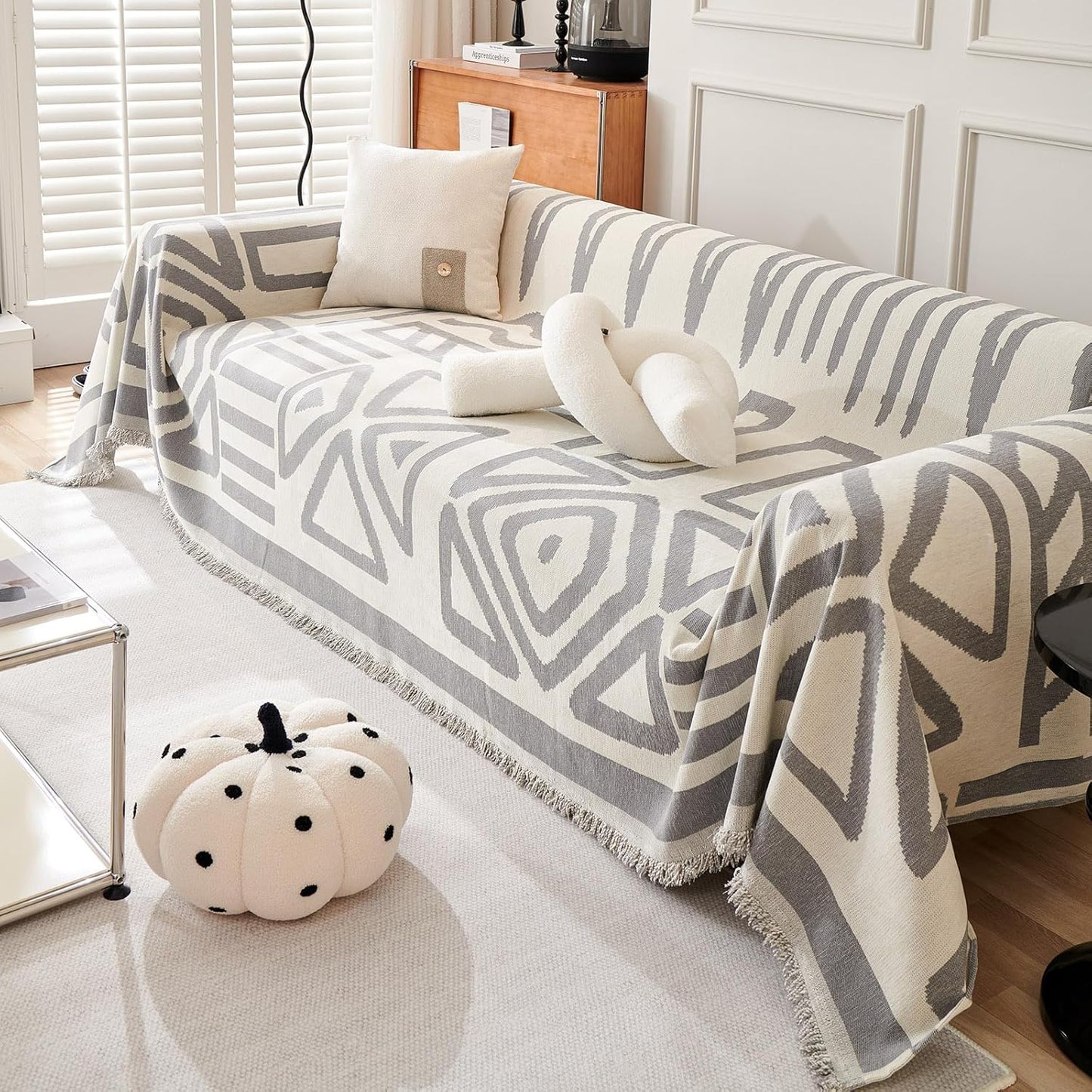 VM VOUGEMARKET Sectional Couch Cover for 3 Cushion Geometric Pattern Chenille Sofa Cover Dog Cat Proof Universal Sofa Slipcover L Shaped Sofa Furniture Protector with Tassels-71 x 134,Gray