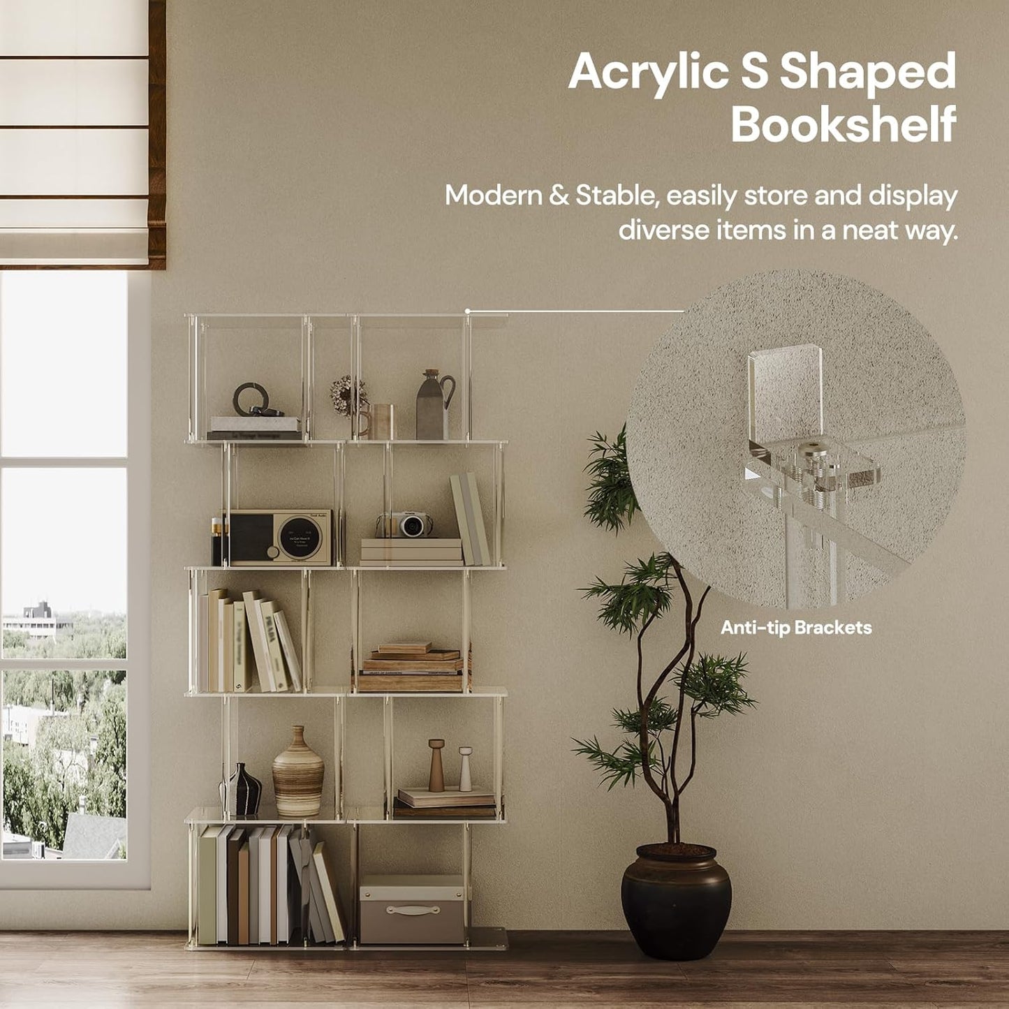 Acrylic Geometric Bookshelf for Small Spaces, 6-Tier Tall Clear S Shaped Bookcase, Modern Open Book Shelf for Living Room, Bedroom, Office, 9.3" D x 15.6" W x 61" H, Easy Assembly