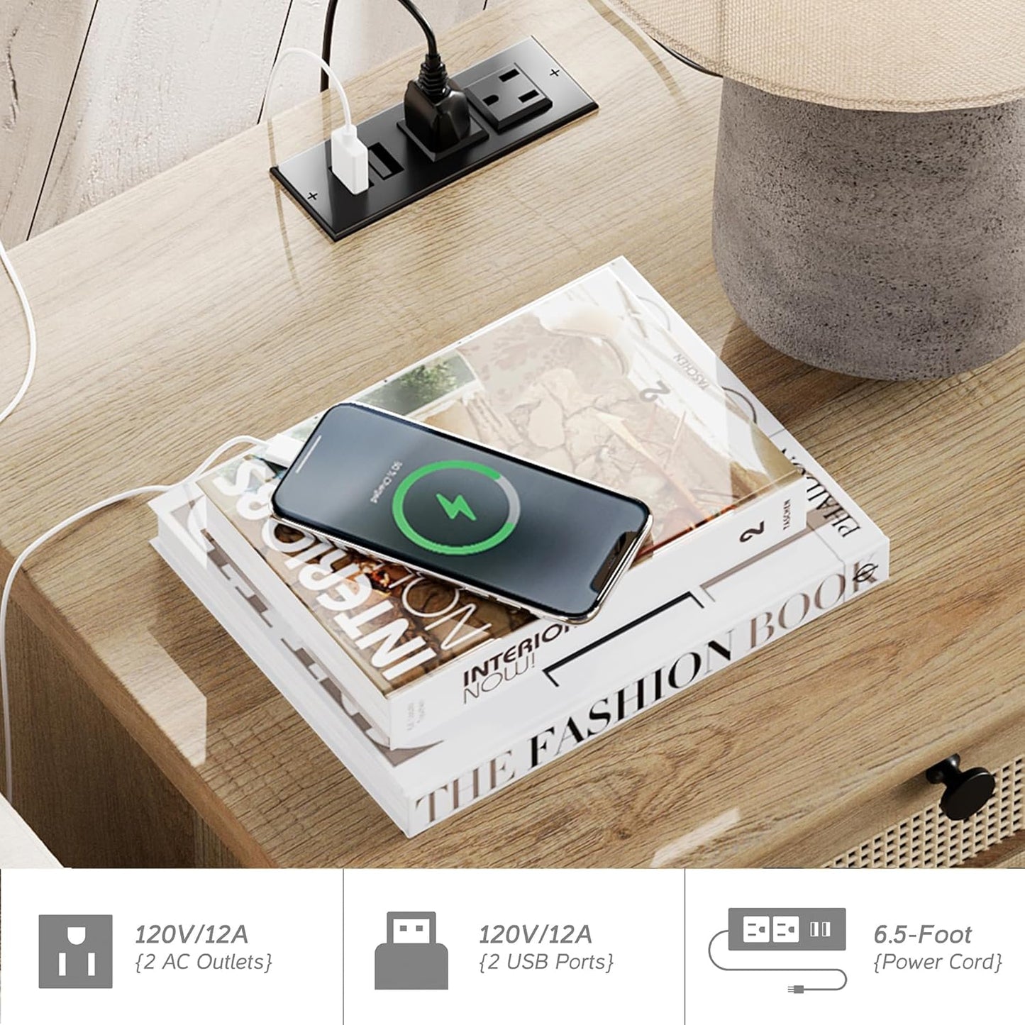 WAMPAT Farmhouse End Table with Charging Station, Rattan Side Table with Drawer & Storage Cabinet, Wooden Oak Nightstand with Power Outlets & USB Ports for Living Room, Bedroom, Burlywood