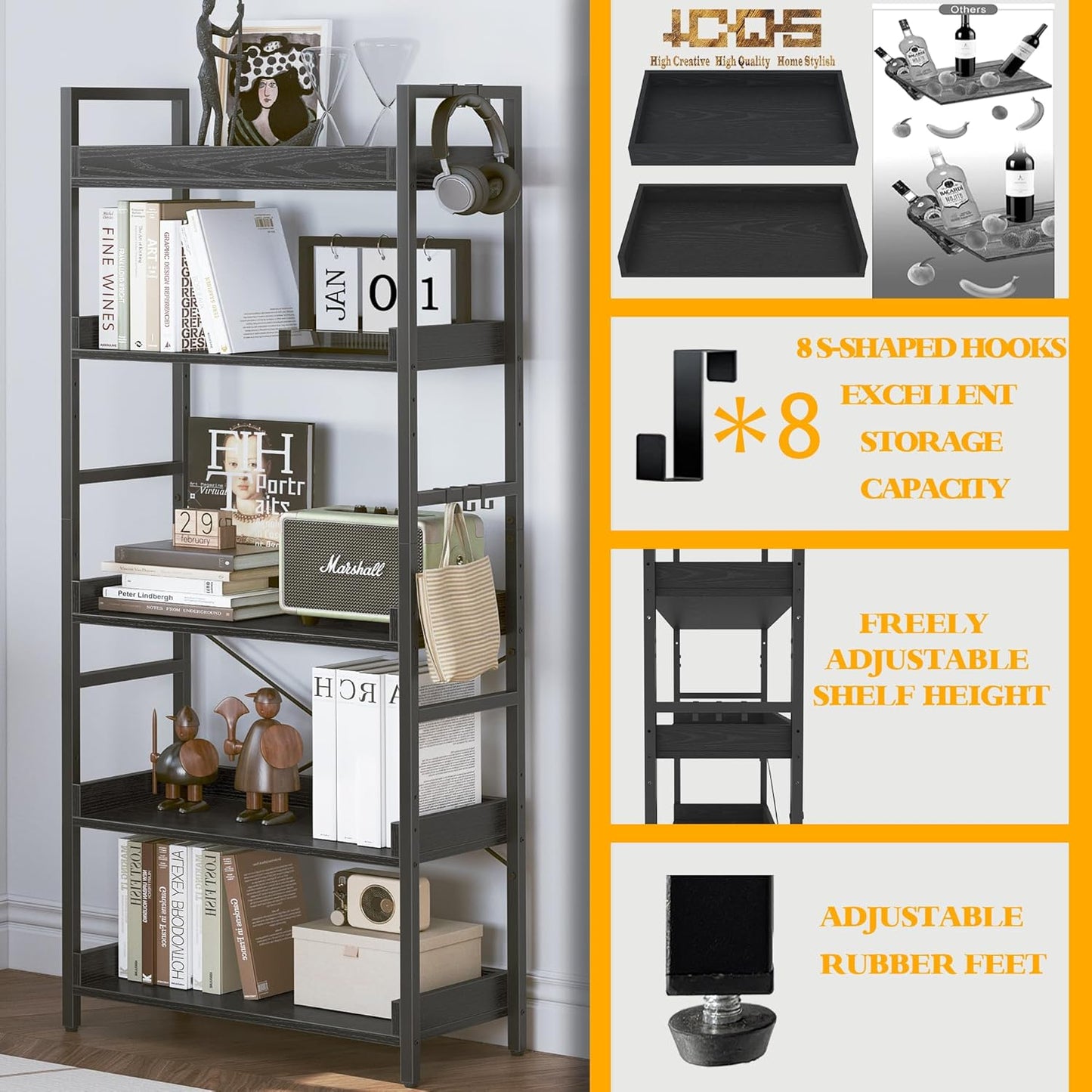 HCHQHS 5 Tier Bookshelf, Adjustable Industrial Bookcase, Vertical Tall Book Shelf, Wood and Black Metal Open Bookshelves for Home Office, Living Room, Bedroom