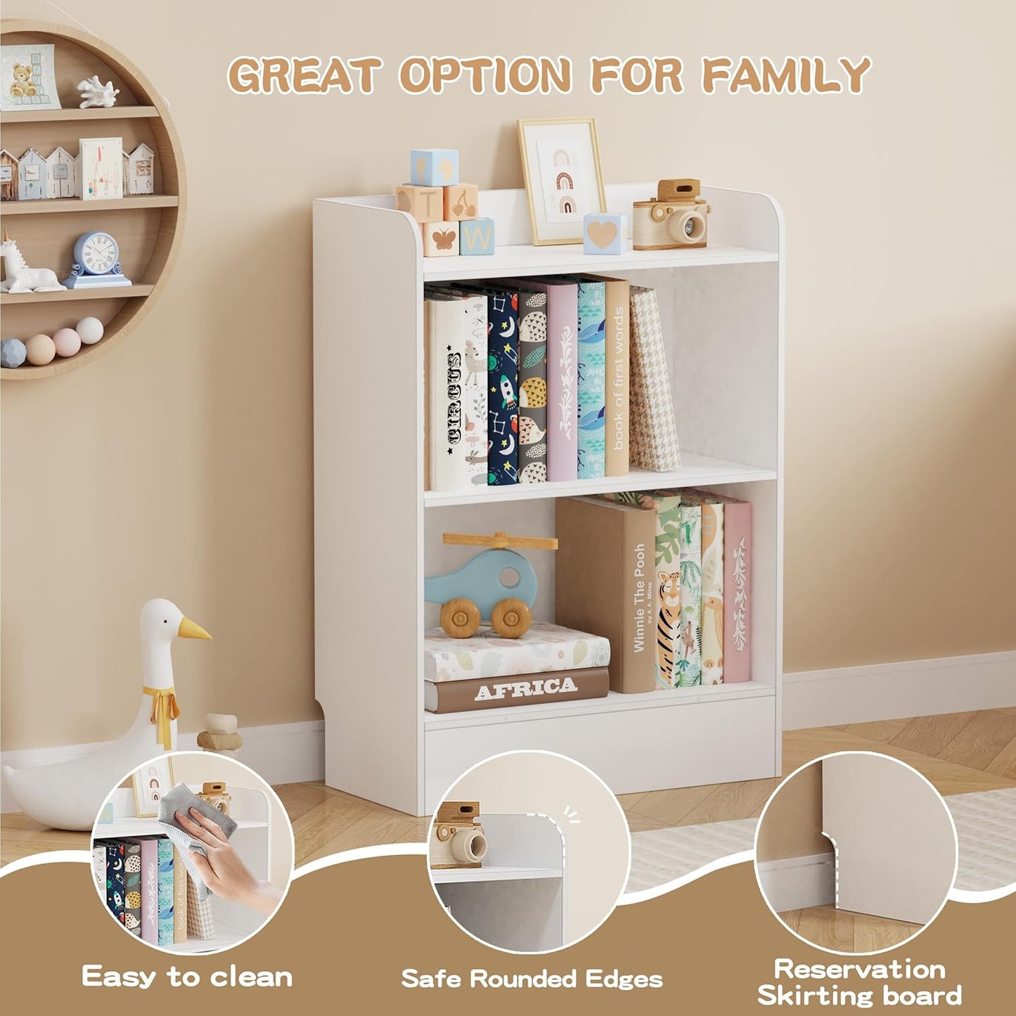 Lkeiyay Montessori Shelf,3-Shelf Toy Storage Organizer,Wooden Storage Cabinet for Kids Room, Nursery, Playroom Daycare Furniture (White