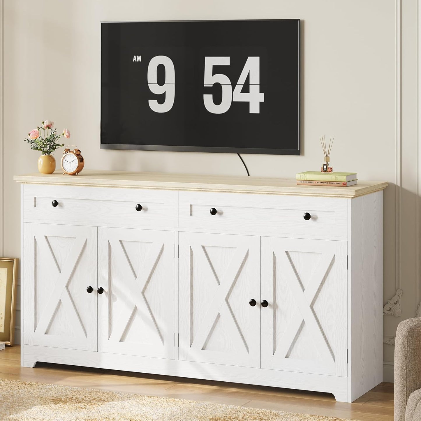 IRONCK Buffet Cabinet with Storage, Sideboard Storage Cabinet, Kitchen Cabinet with Drawers and Doors, Natural Wood