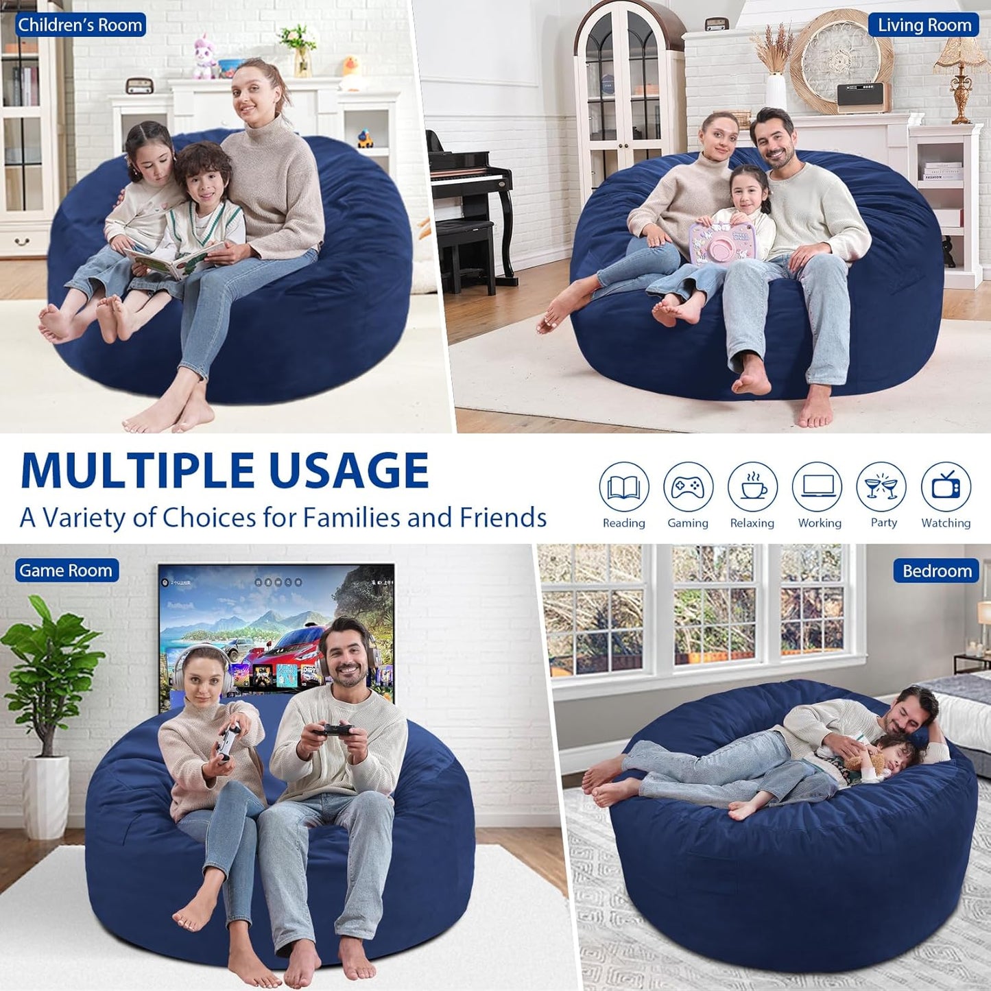 5FT Bean Bag Chair, Large Bean Bag Chairs with Memory Foam Filled, Fluffy Beanbag Sofa with Dutch Velvet Cover, Round BeanBag Chairs for Living Room, Playroom - Blue